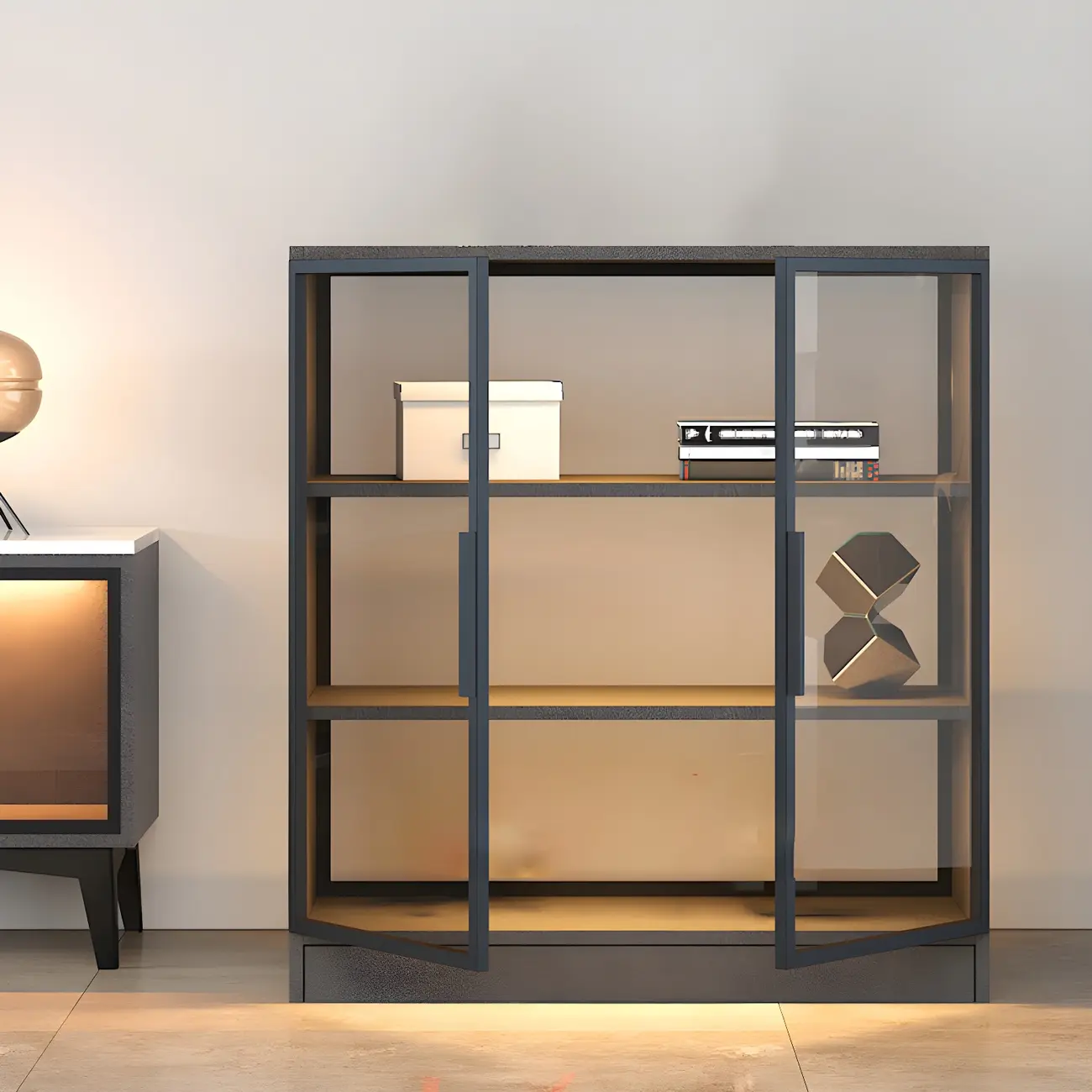 Square 2-Shelf Black Wooden Display Cabinet with Light