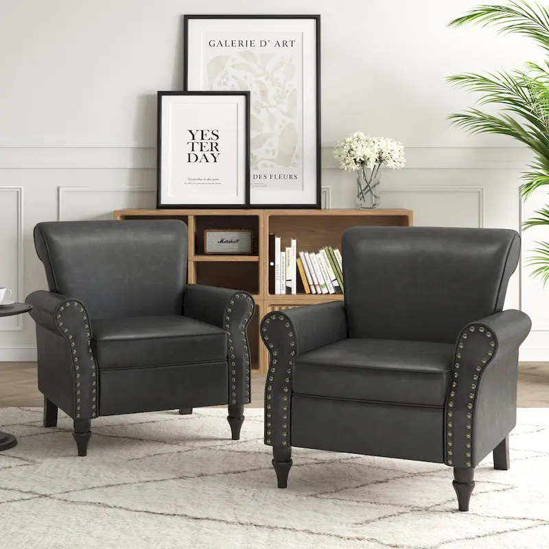 PU Leather Accent Chair, Brown/Black/Grey, Rolled Arms, Nailhead Trim, Set of 2, Seats 2