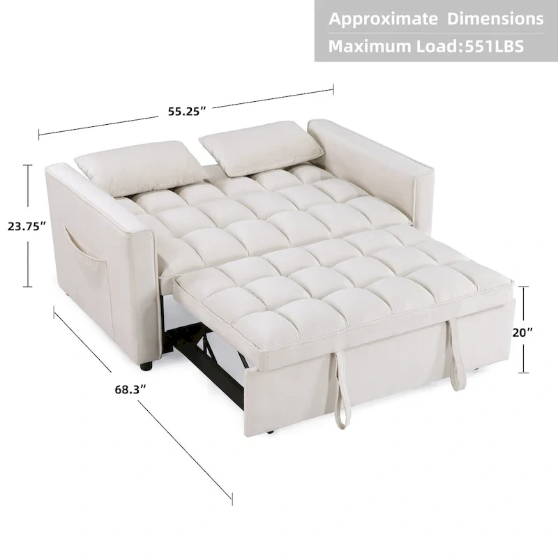 Modern 68 Length Tufted Convertible Loveseat Sleeper Sofa Bed - 68L x 55W x 20H
