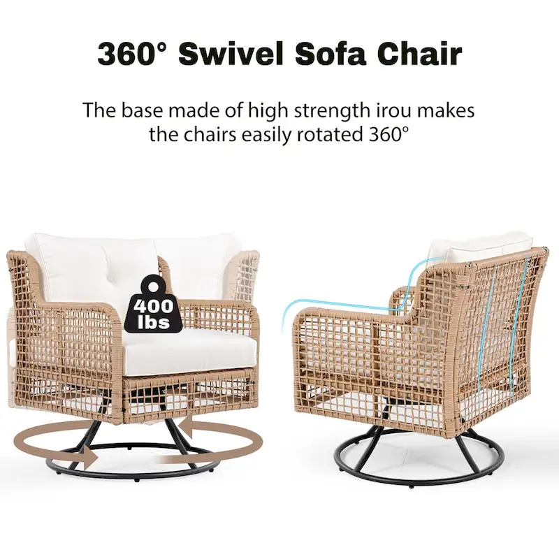 4-Piece Rattan Conversation Sofa Set with Swivel Chairs & Table