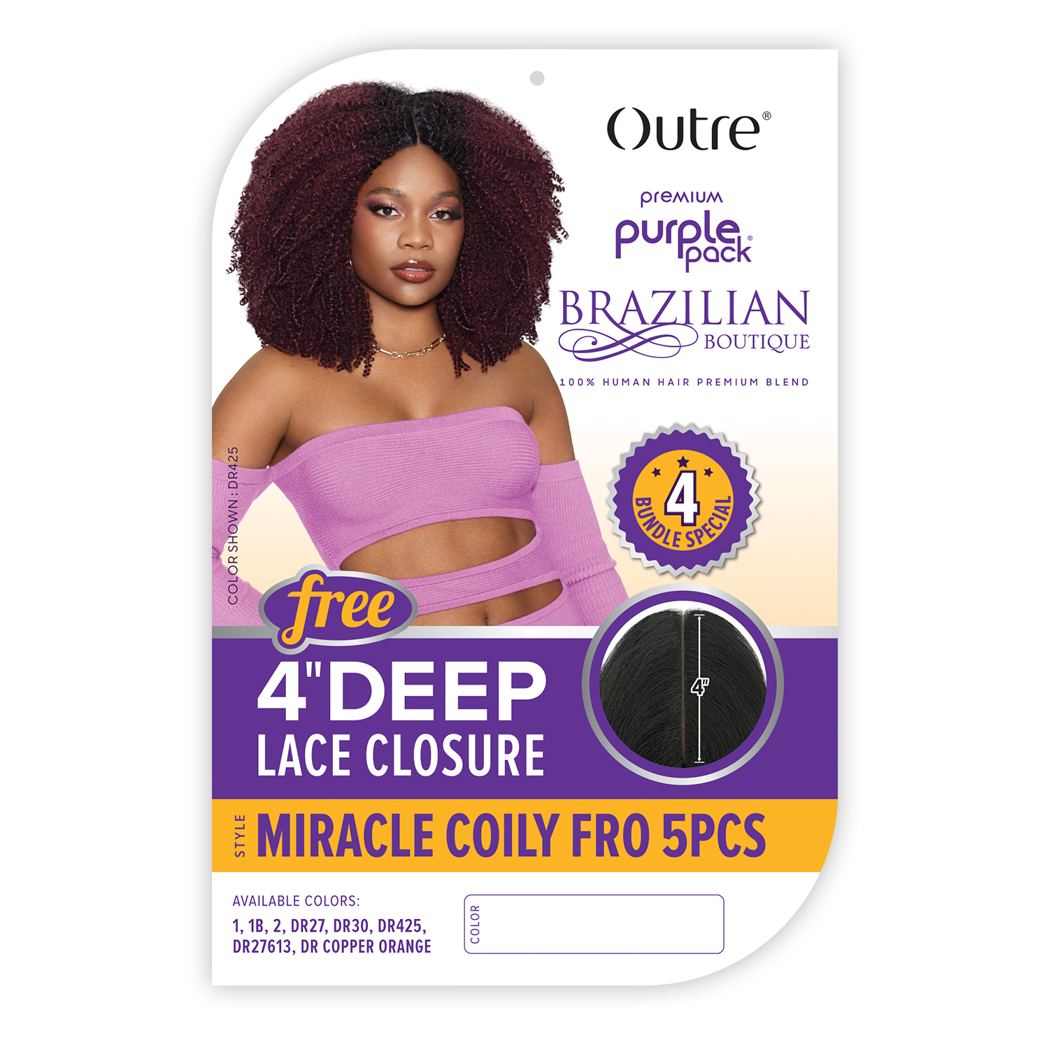 Outre Human Hair Blend Weave Premium Purple Pack Brazilian Boutique Miracle Coily Fro 5Pcs with 4