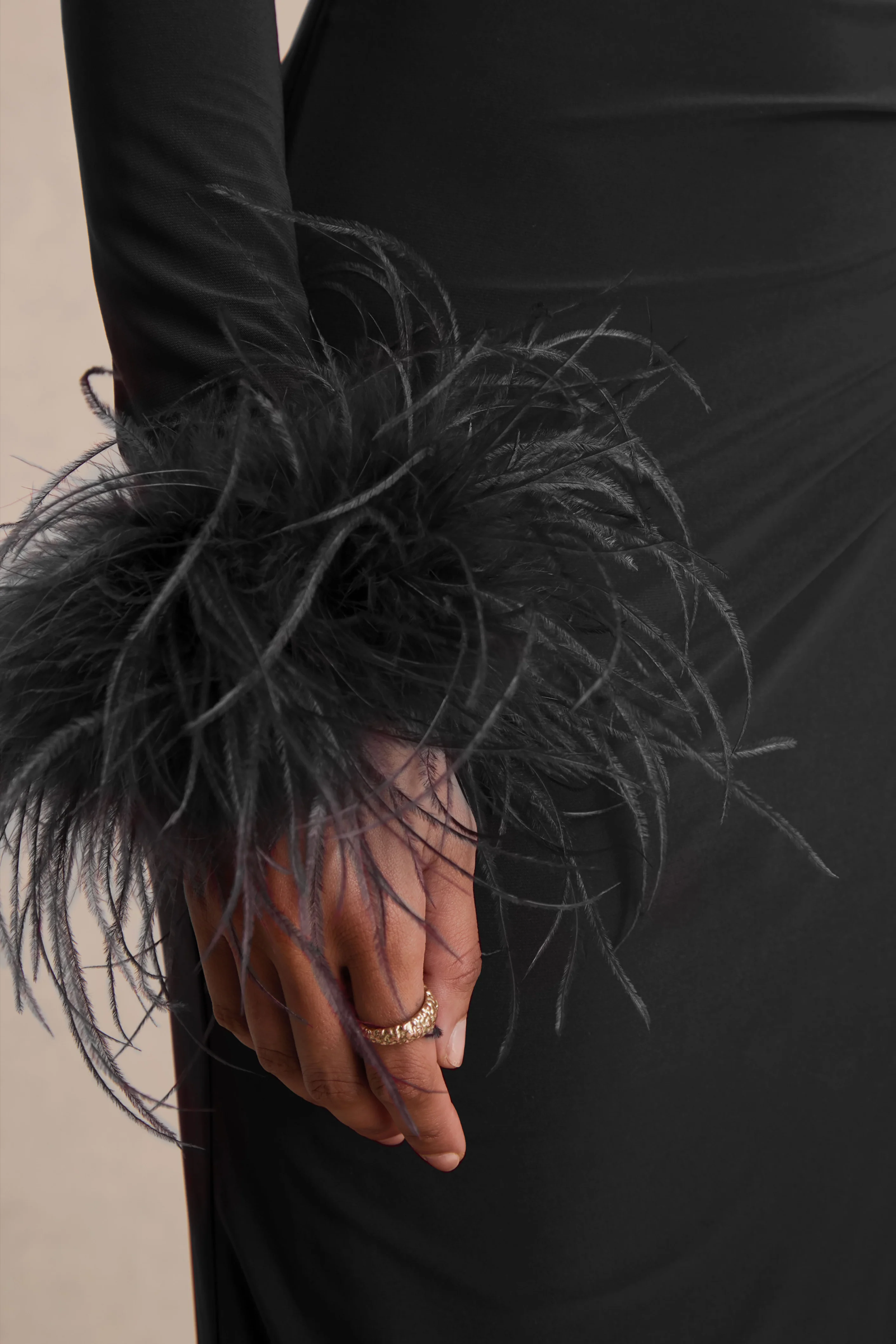 Gatsby | Black High-Neck Maxi Dress With Feather Trim Cuffs
