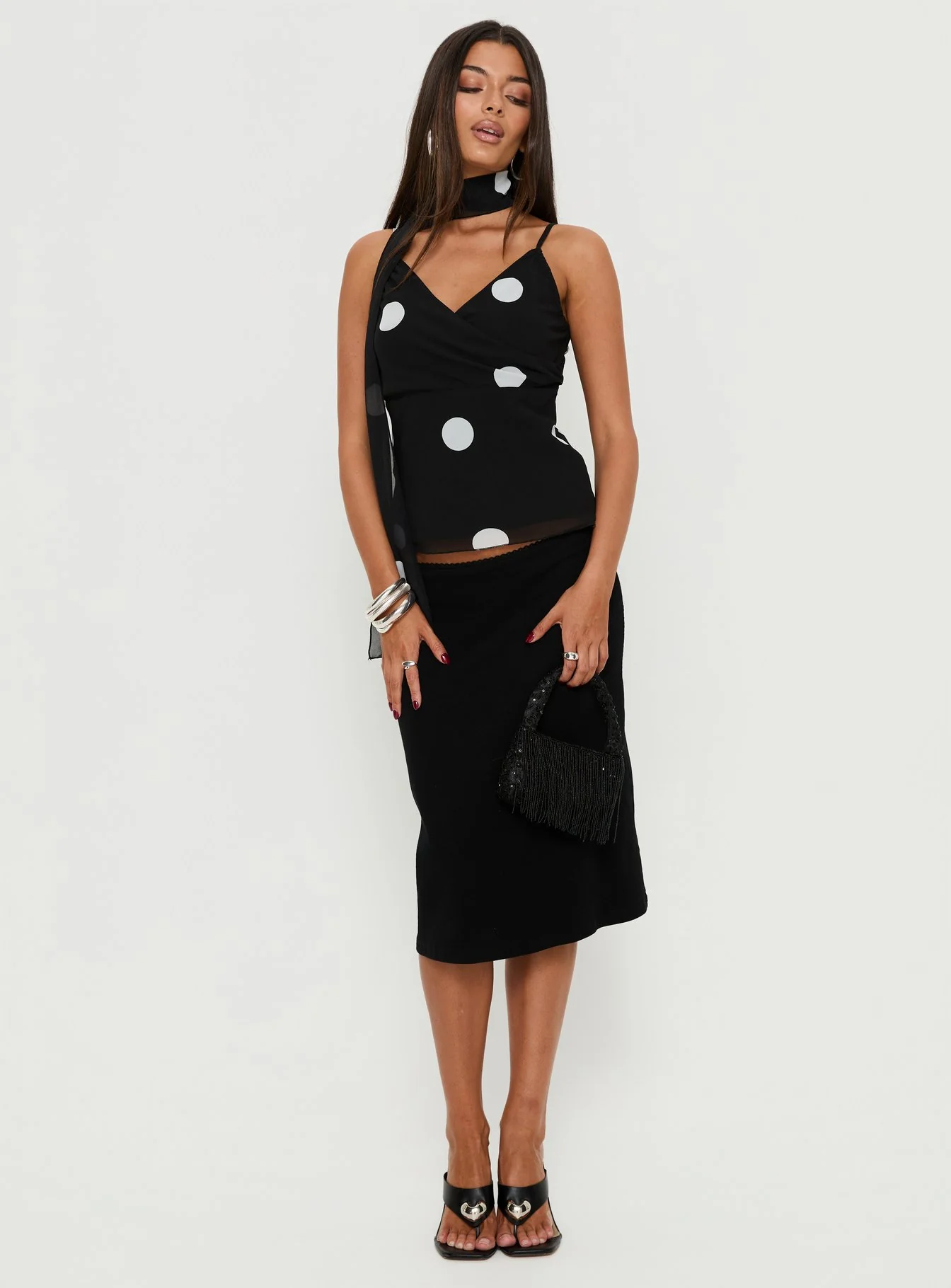 Jenae Scarf Detail Cami Top Black / White Polka
