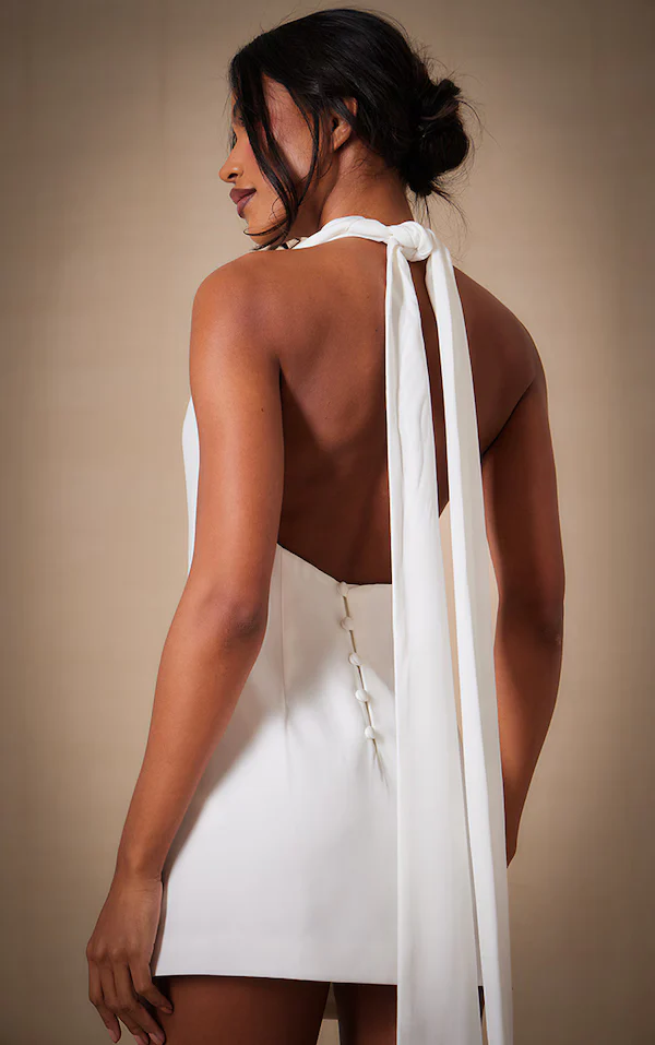 Premium White Woven Tie Halter Neck Dress