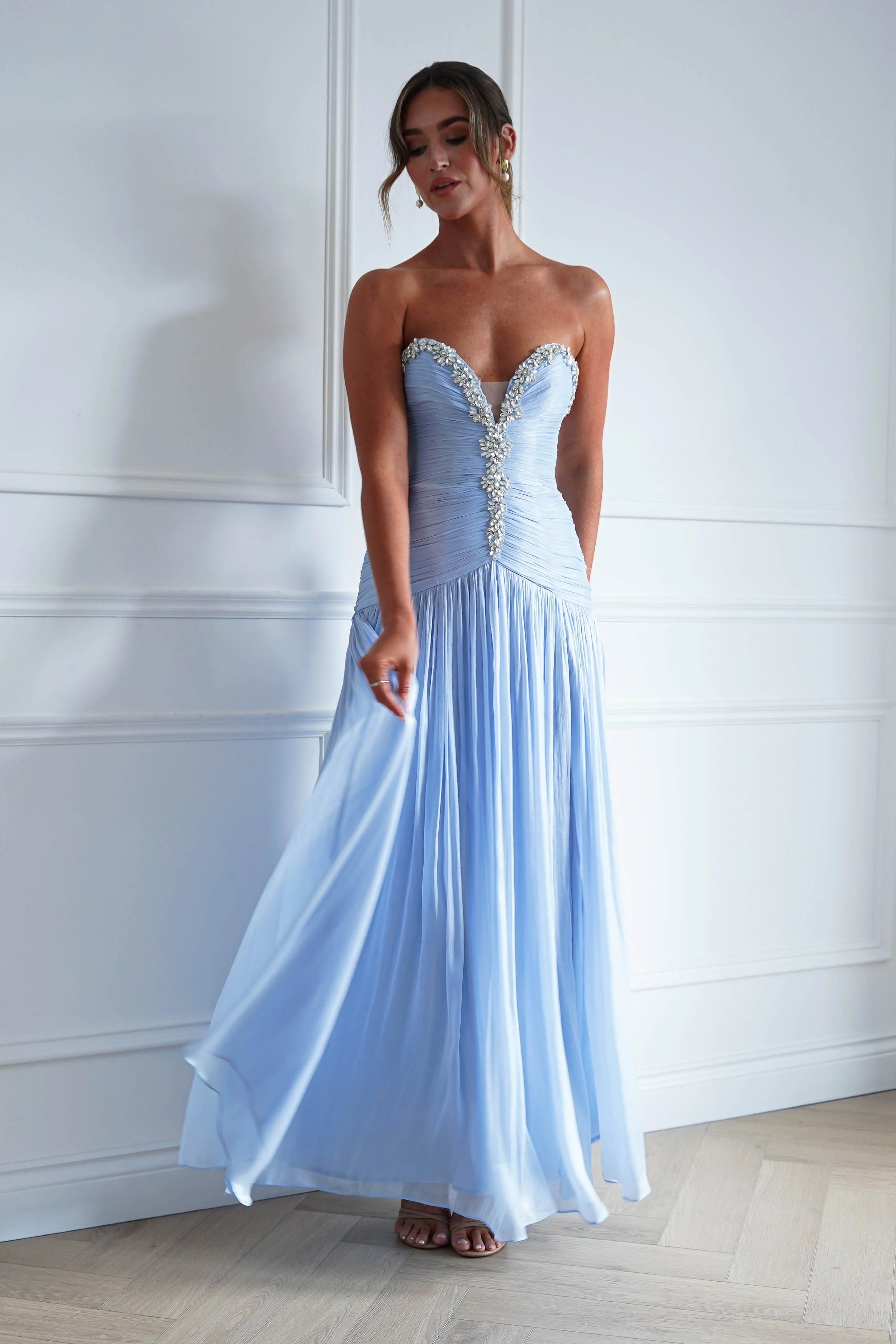 Estella Diamante Trim Ruched Maxi Gown | Blue