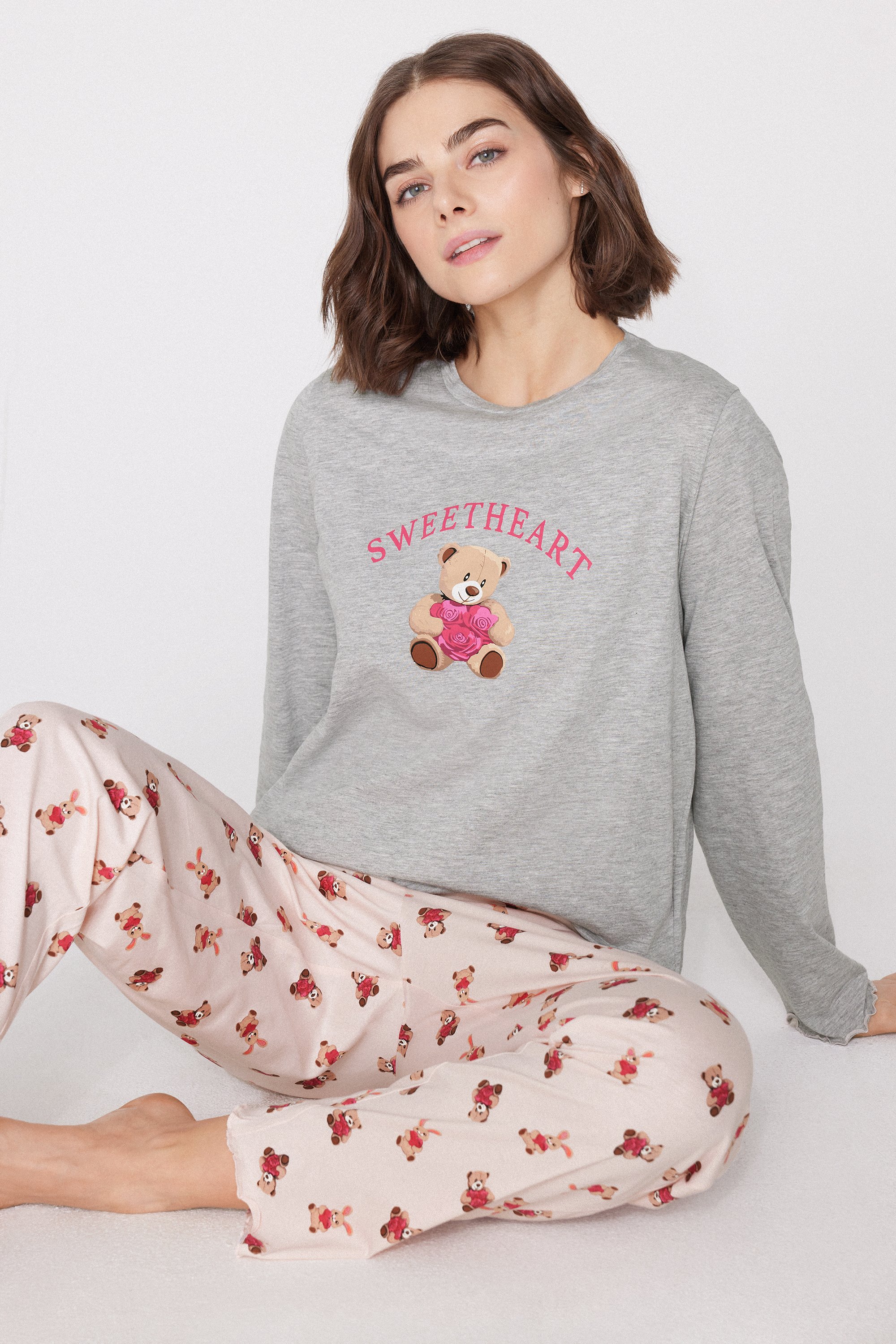 Teddy Bear Print Cotton Long Pyjamas