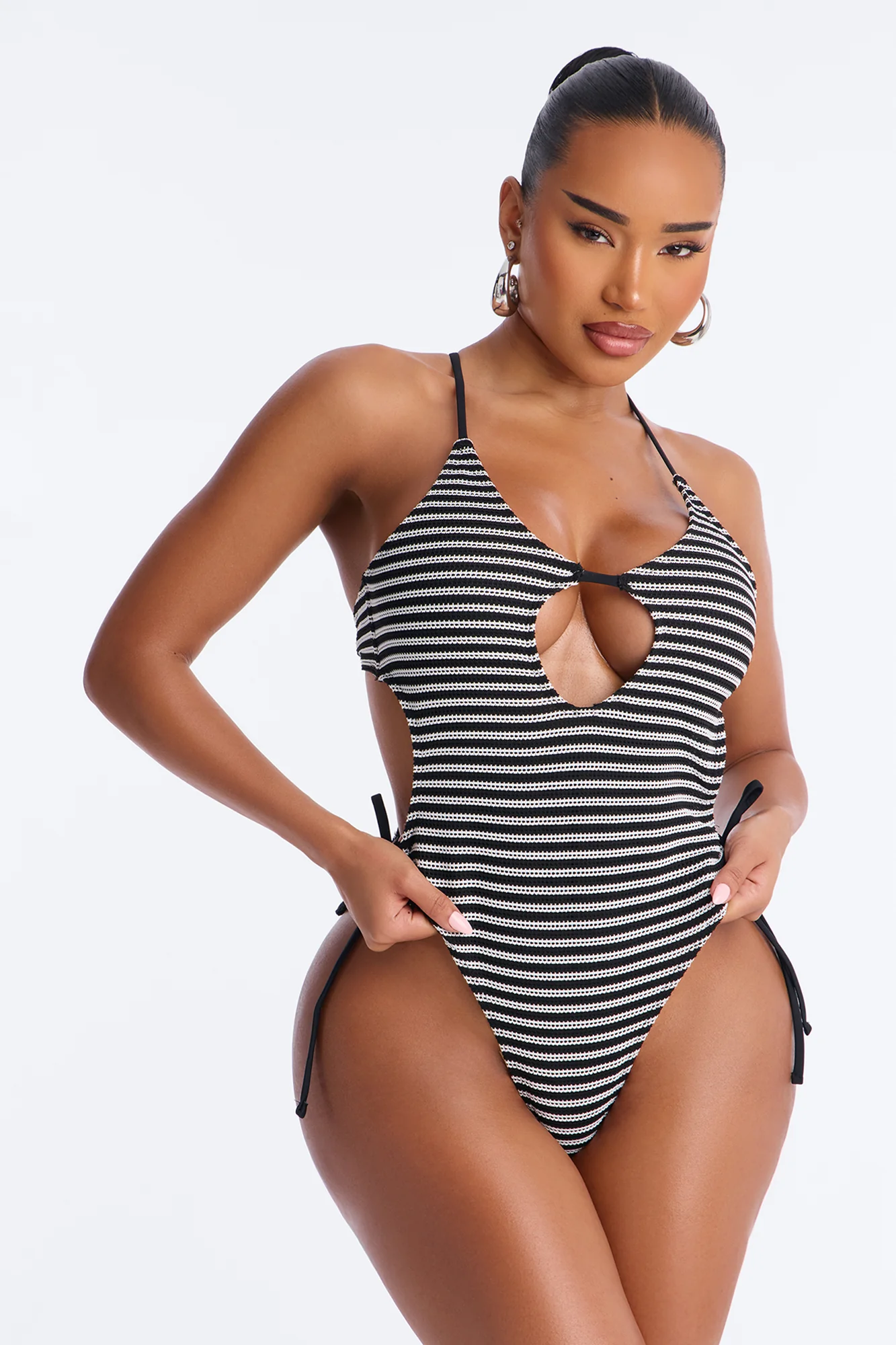 Adelina Striped 1 Piece Cut Out Swimsuit - Black/White