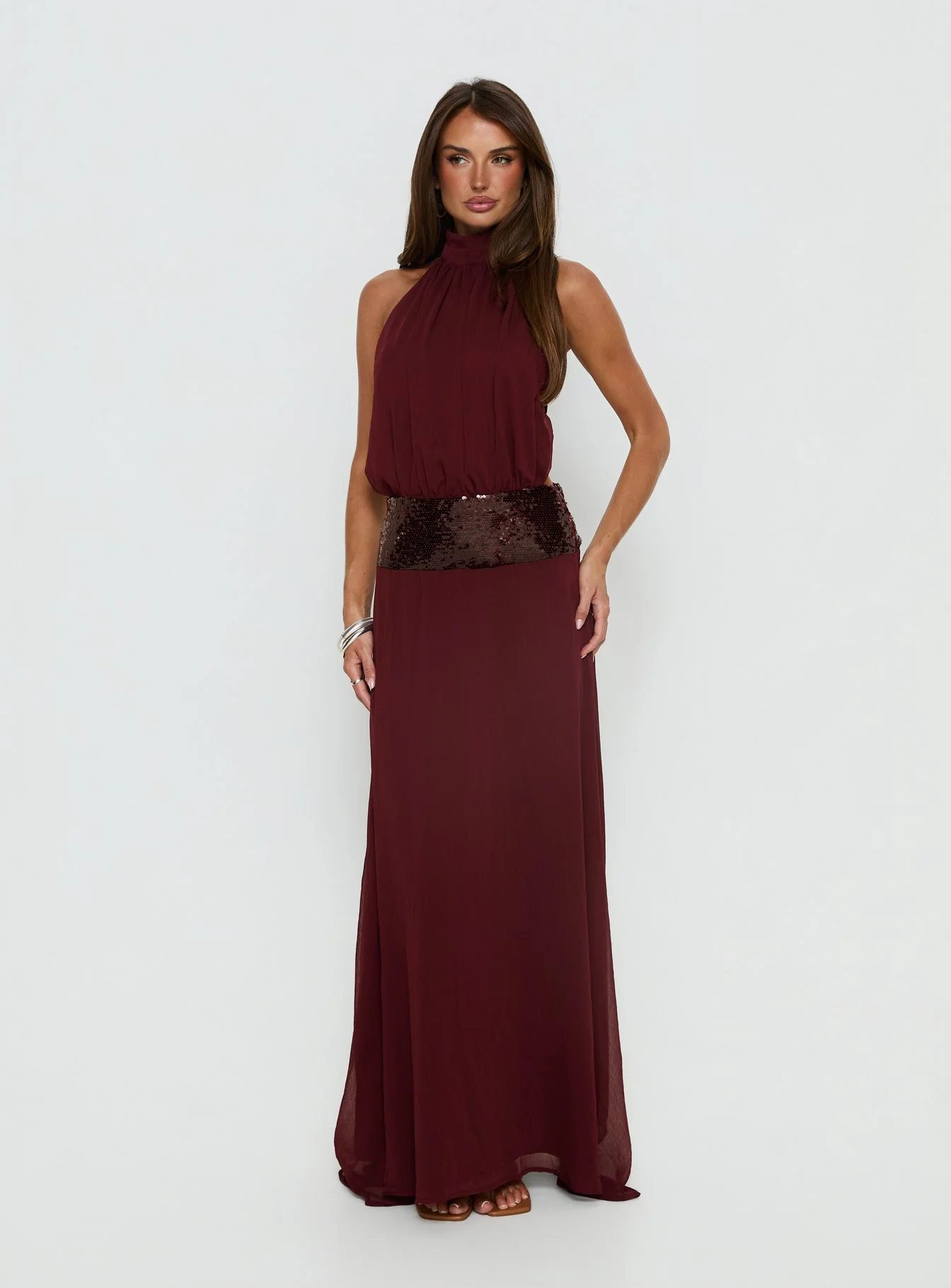 Darwinn Drop Waist Sequin Detail Maxi Dress Burgundy