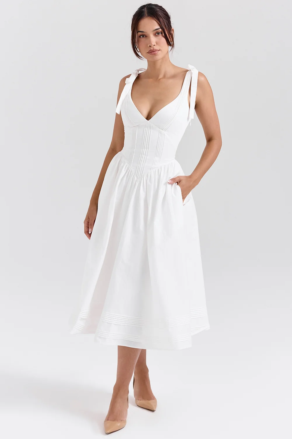 white pin tuck cotton midi sundress