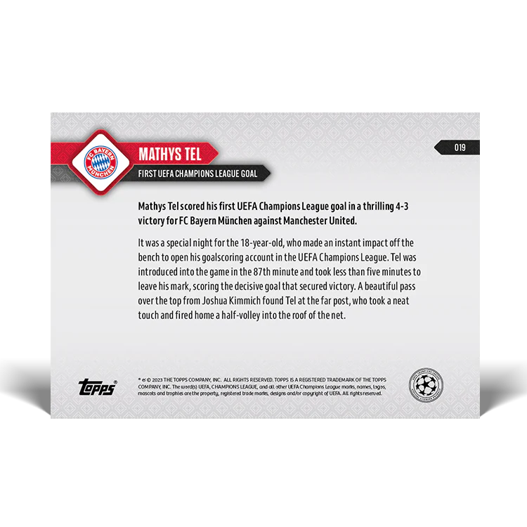Topps UK - Mathys Tel - First UEFA Champions League goal - UCL TOPPS NOW® Card #19
