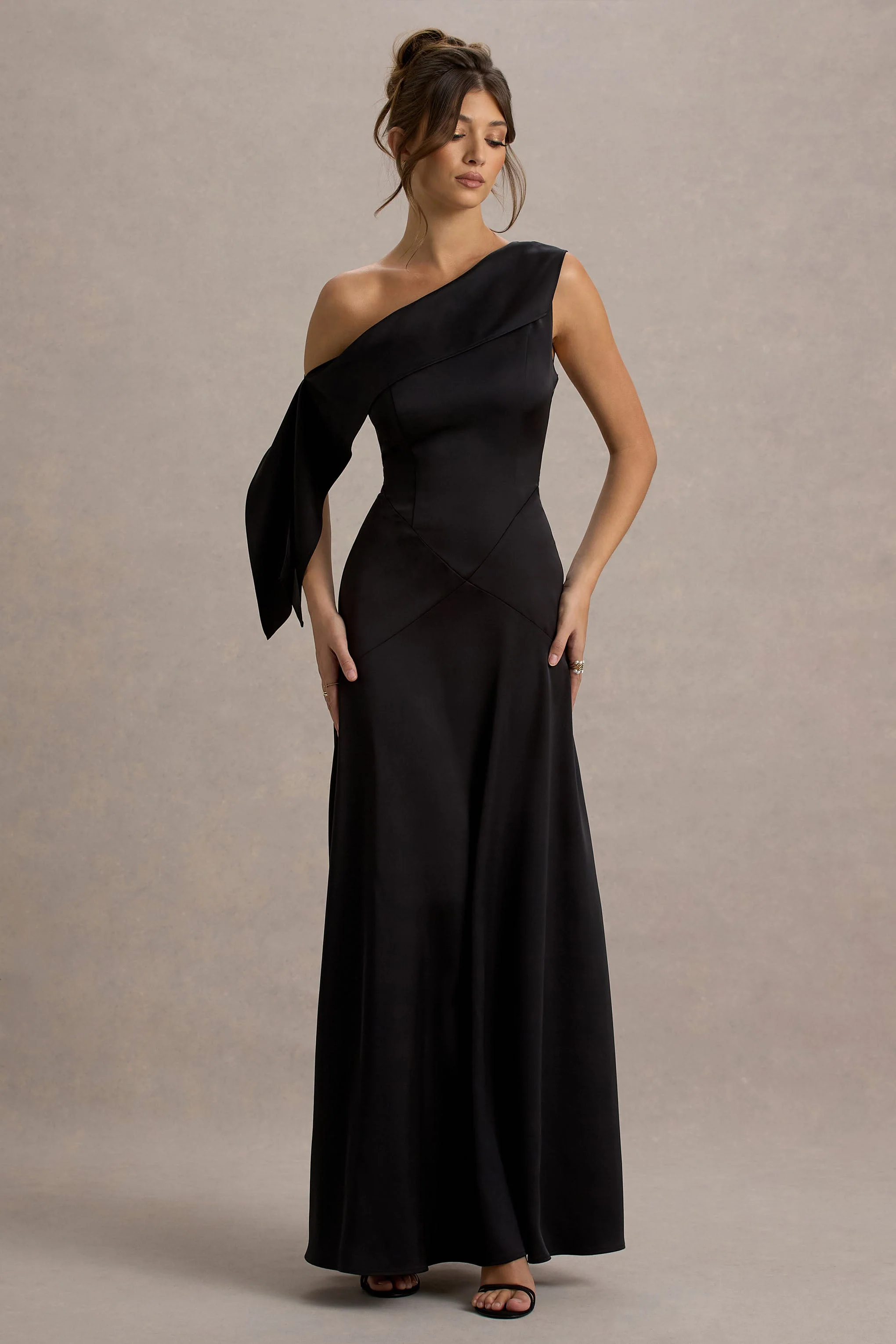 Nicola | Black Satin Asymmetric Bardot Draped Maxi Dress