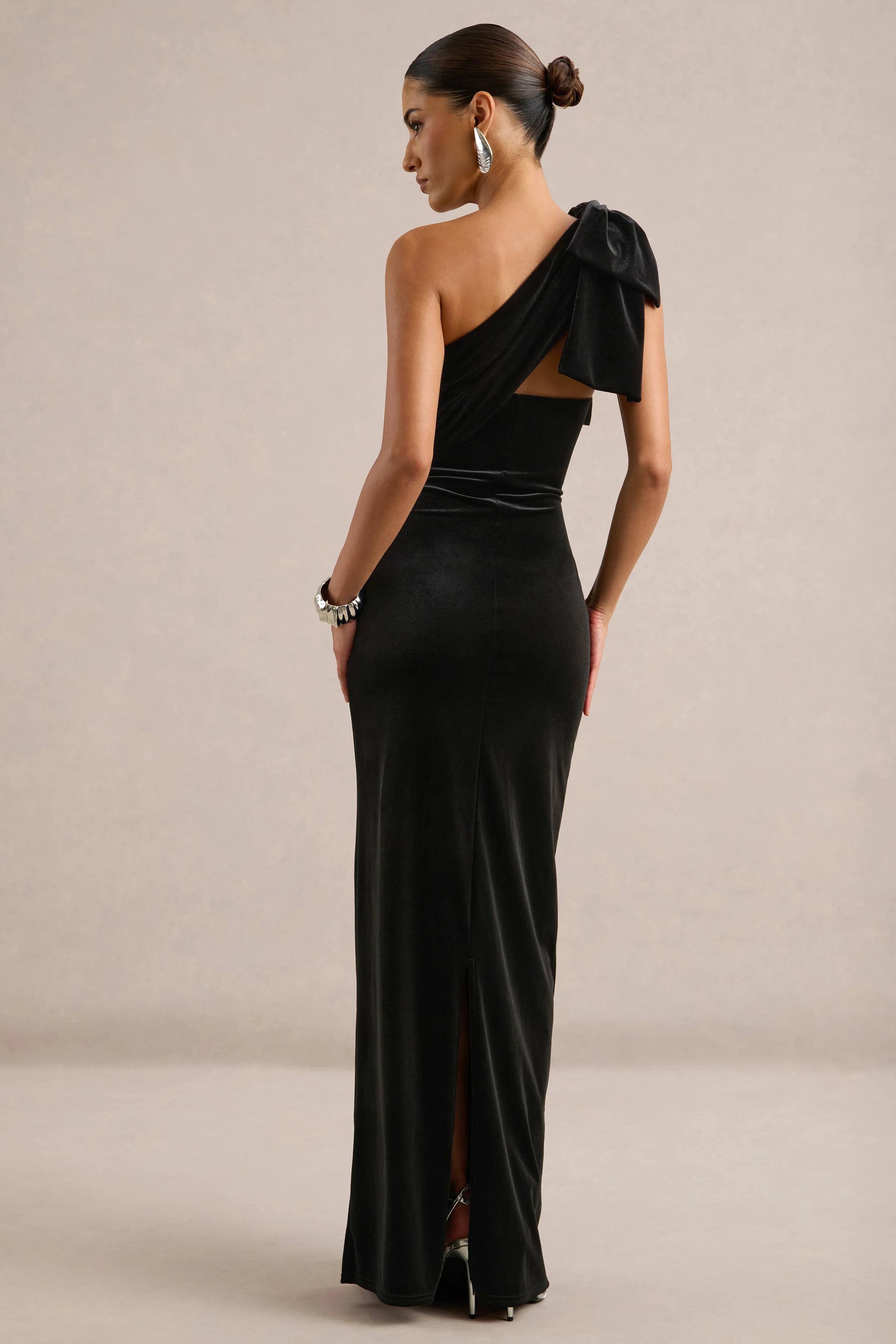 Zephira | Black Velvet One Shoulder Maxi Dress With Bow Detail