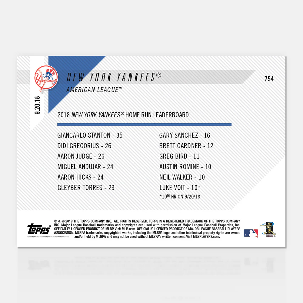 Yankees - 09/20/2018 TOPPS NOW® Card 754 - Print Run: 681