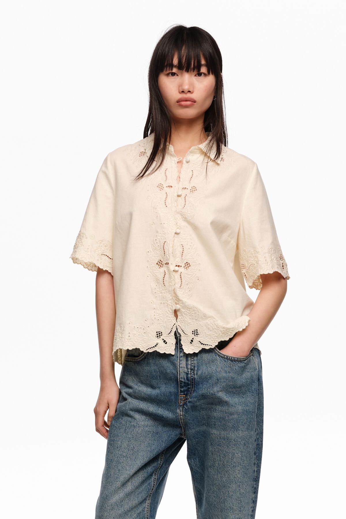 Beige linen cotton embroidered shirt