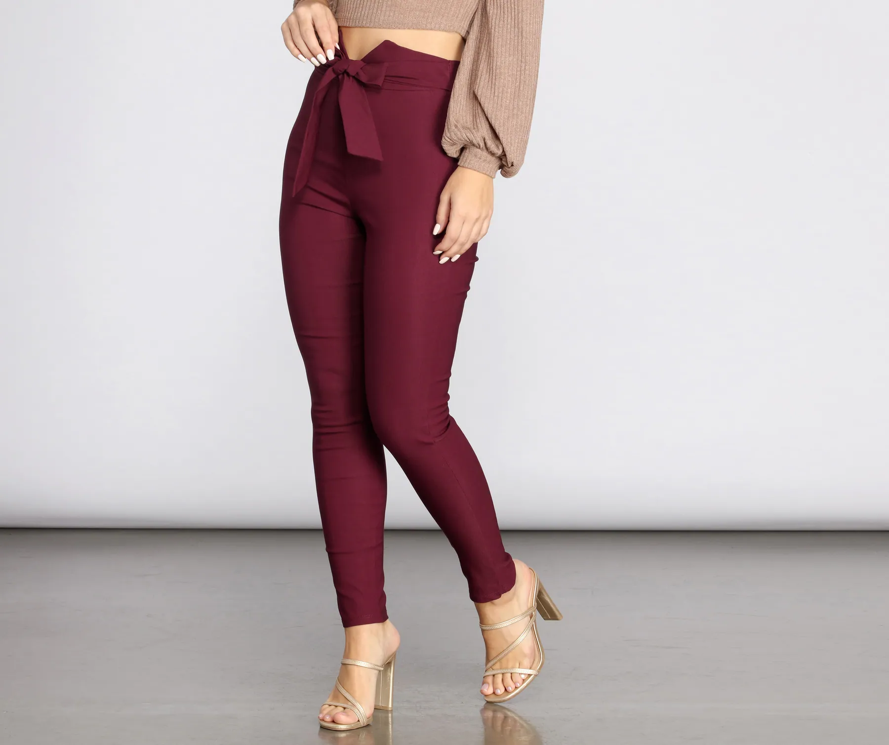 High Waist Tie Front Skinny Pants - Burgundy