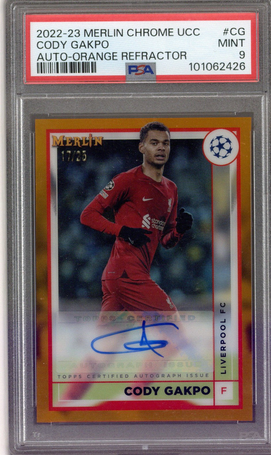 2022-23 Topps Merlin Cody Gakpo Auto Orange 17/25 PSA 9 Liverpool Netherlands