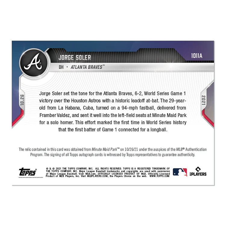 On-Card Auto-Relic # to 99 - Jorge Soler - 2021 MLB TOPPS NOW® Card 1011A
