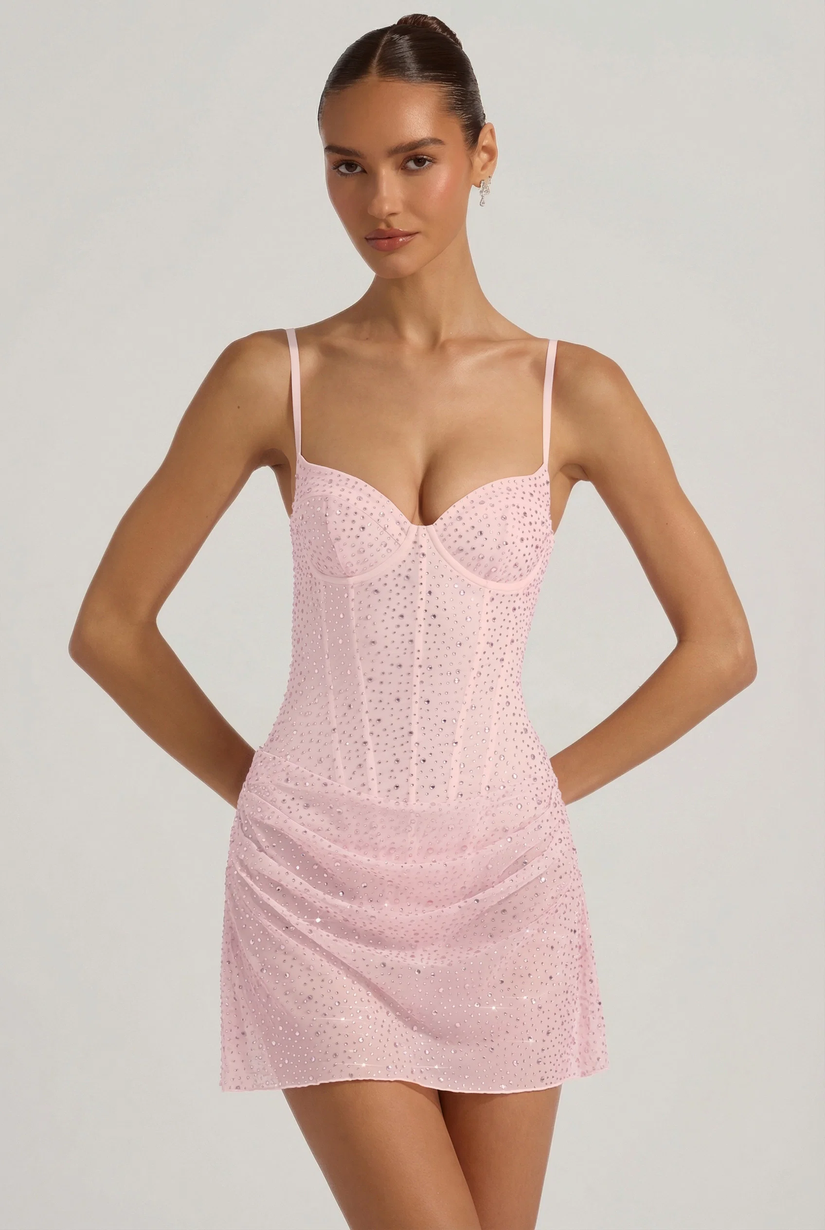 Semi-Sheer Embellished Draped Corset Mini Dress in Pink