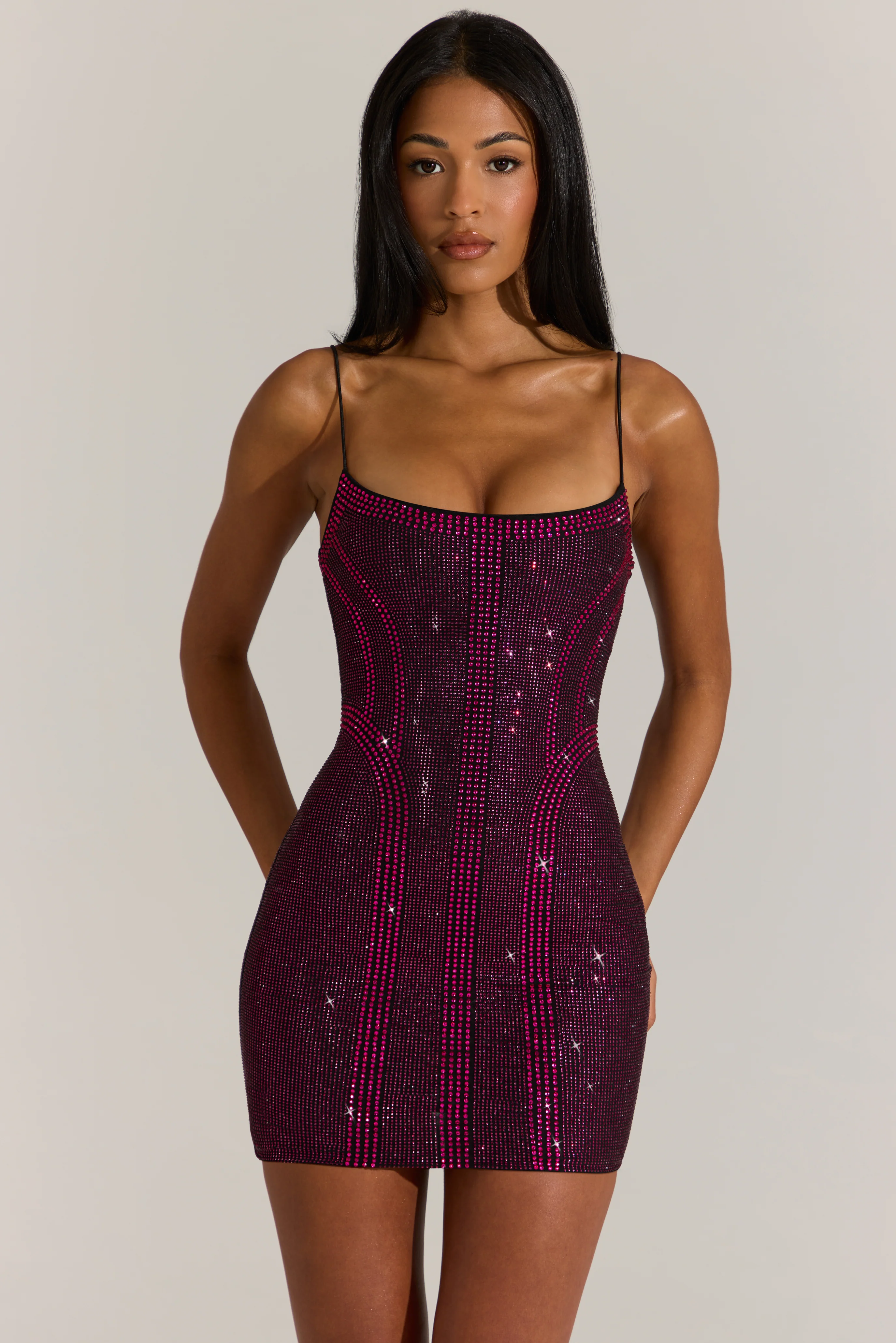 Embellished Scoop-Neck Mini Dress in Fuchsia Pink