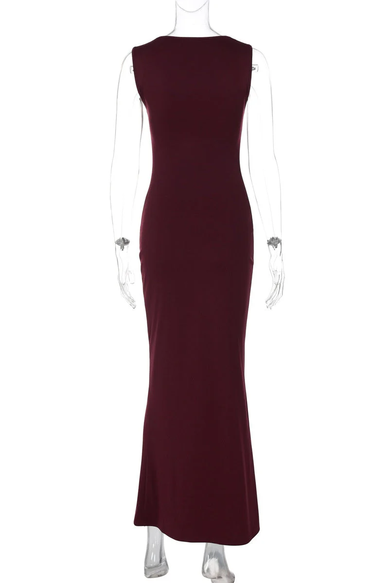 Burgundy Cap Sleeves Fittted Long Dress
