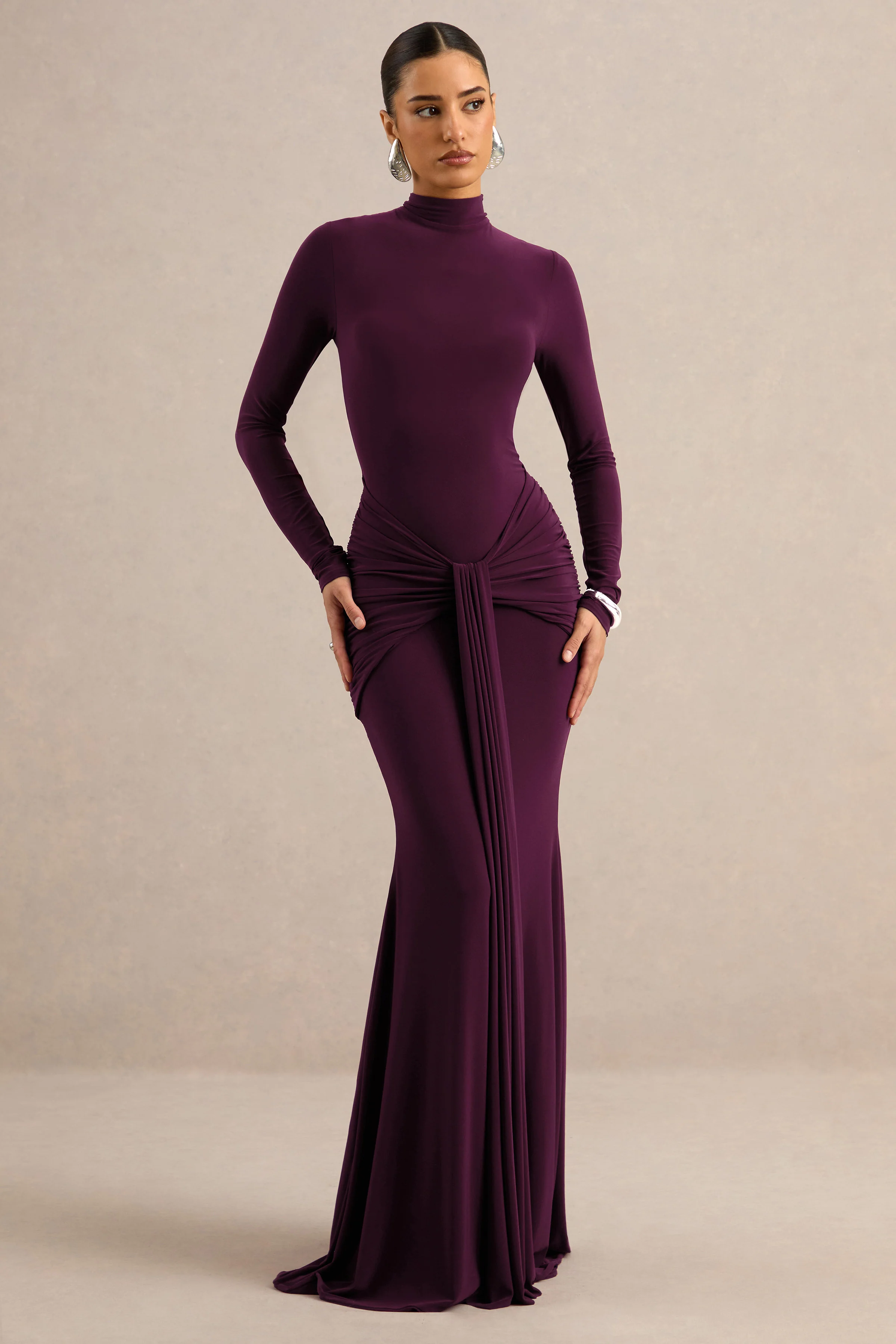 Seraphita | Purple Jersey High Neck Long Sleeve Maxi Dress With Gathered Detailing And Sash