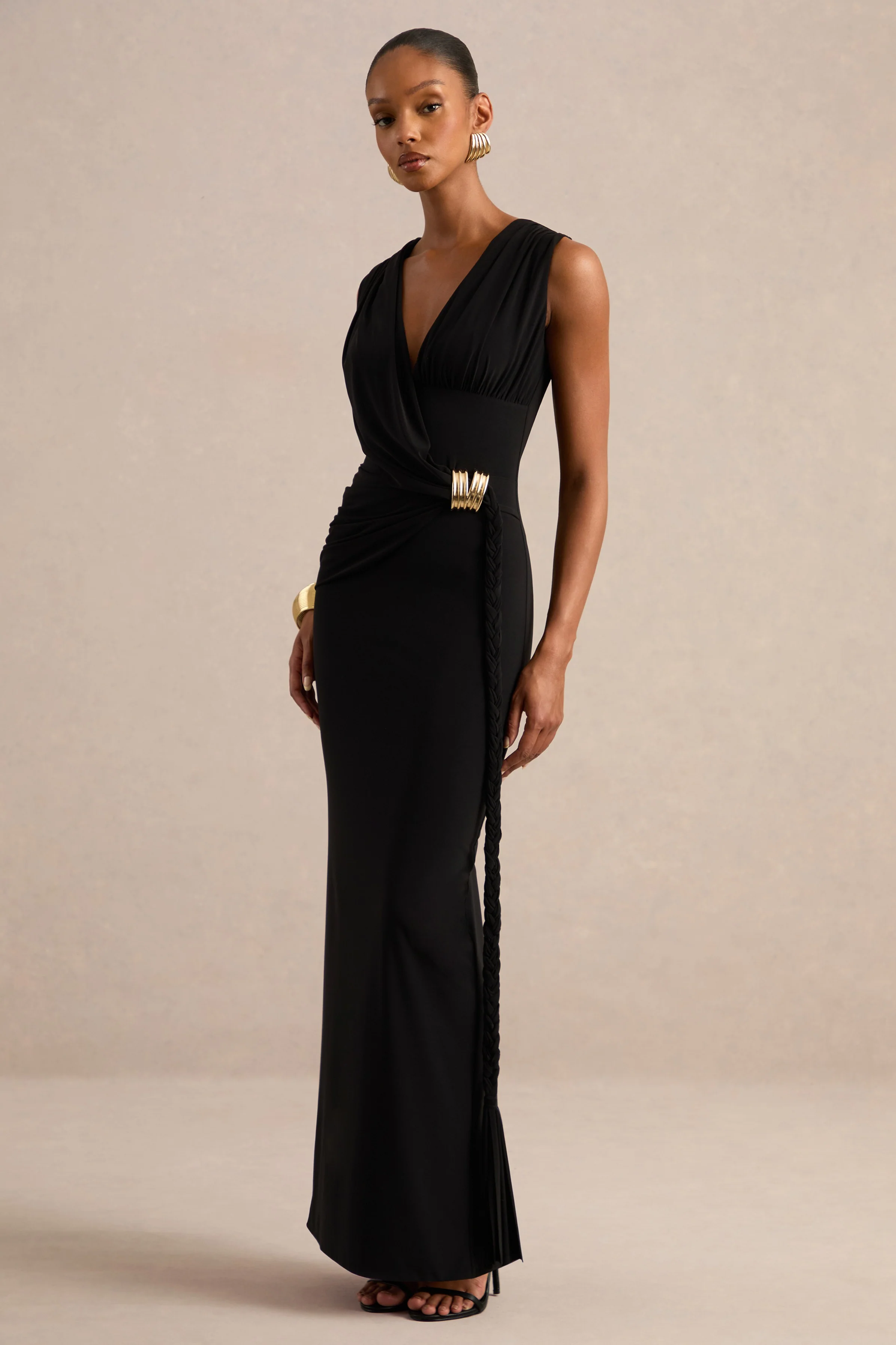 Nalina | Black Jersey Ruched Plunge Maxi Dress With Gold Trim And Braided Sash Detailing