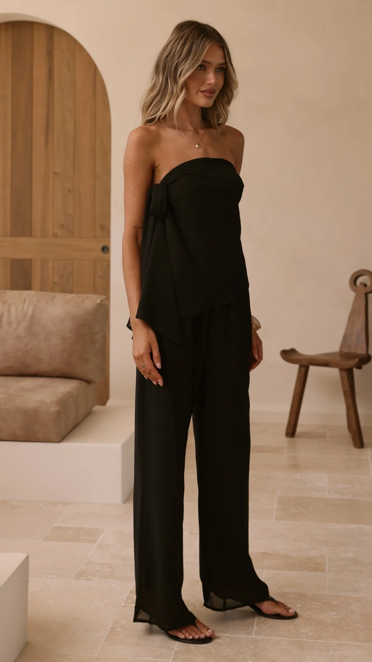 Zabrina Semi Sheer Strapless Top and Pants Set - Black