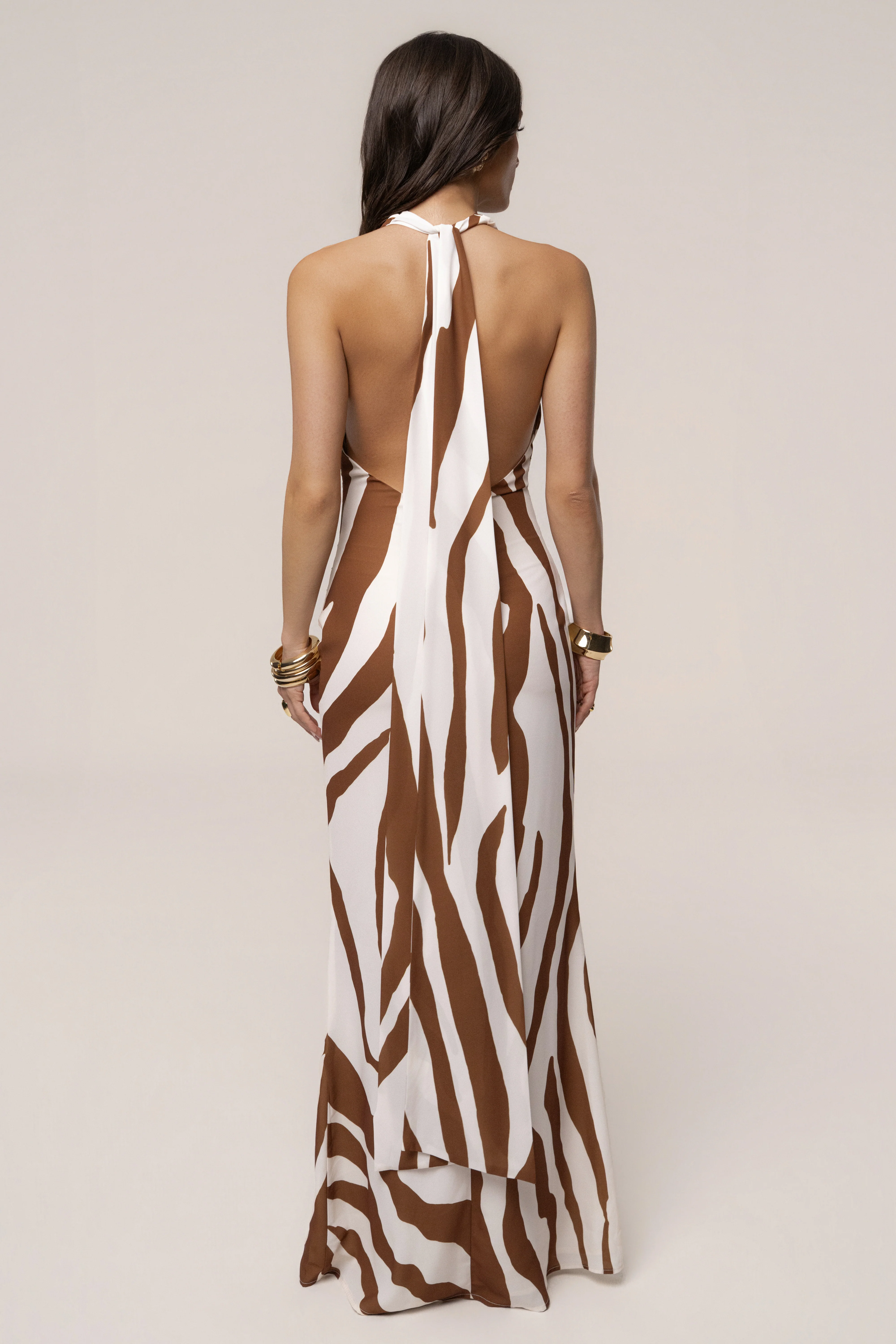 Brown Zebra Impressions Plunge Maxi Dress