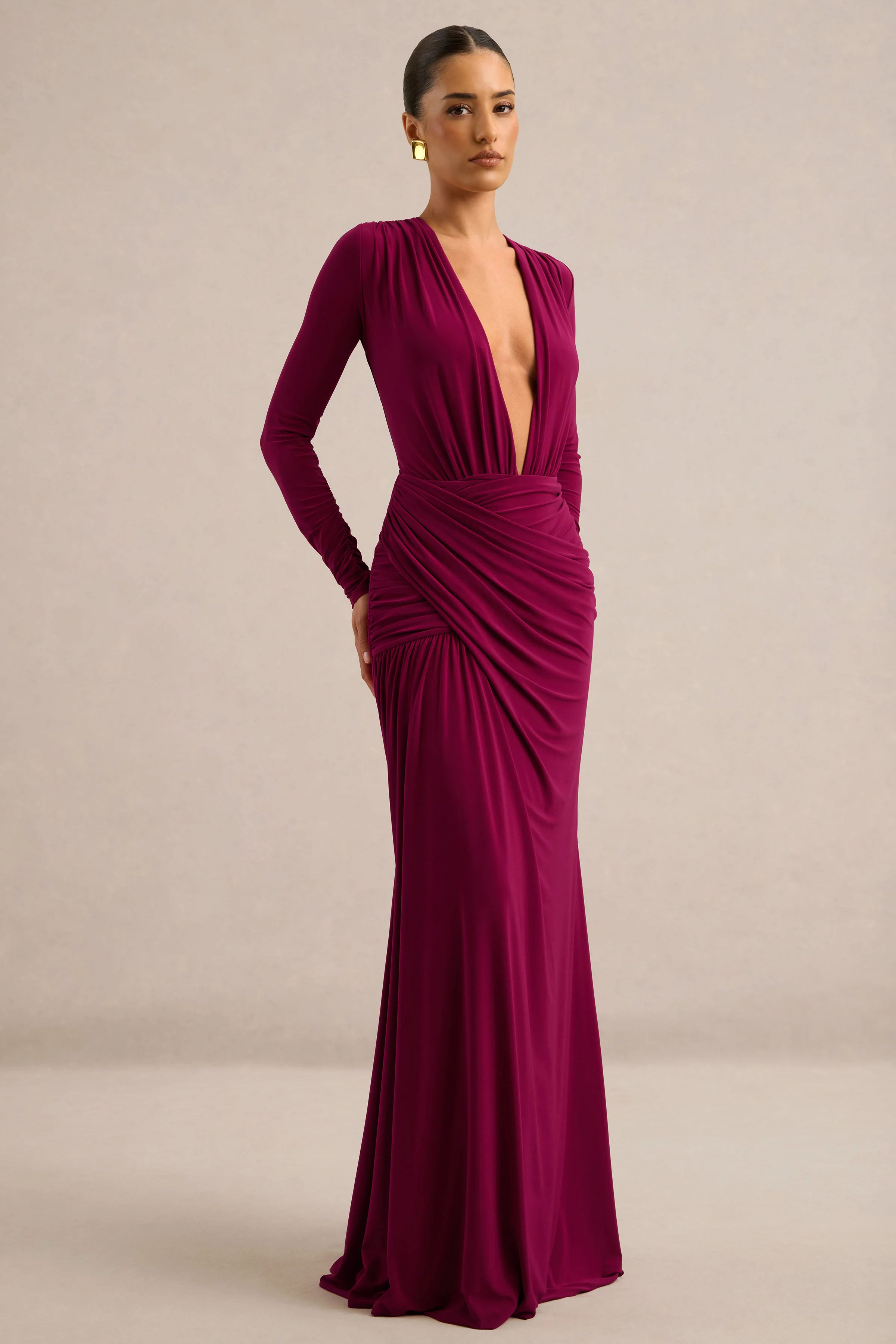 Tahlina | Burgundy Jersey Ruched Plunge Long Sleeve Maxi Dress With Draped Detailing