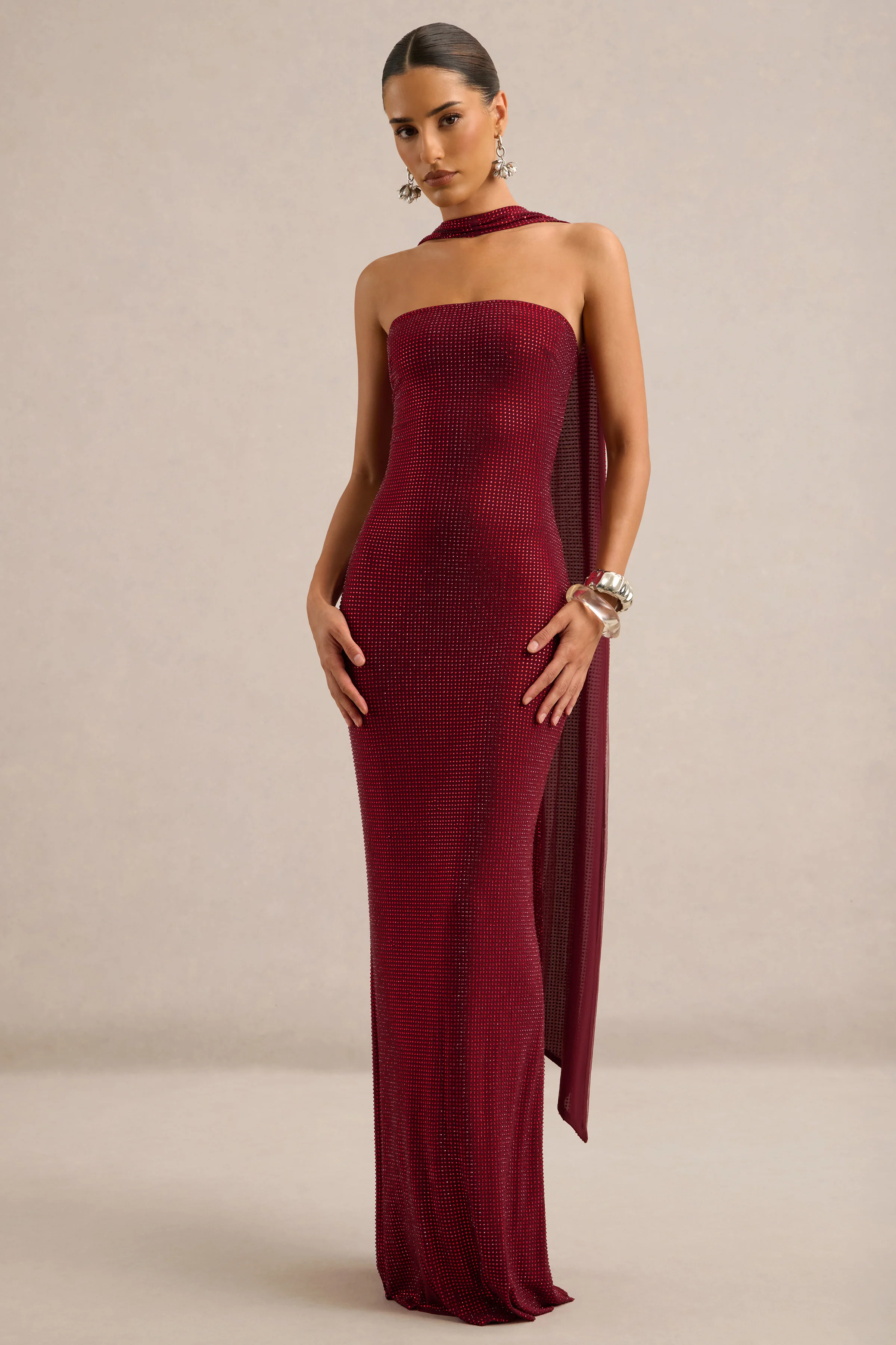 Dafina | Burgundy Embellished Jersey Bandeau Maxi Dress With Scarf Detail