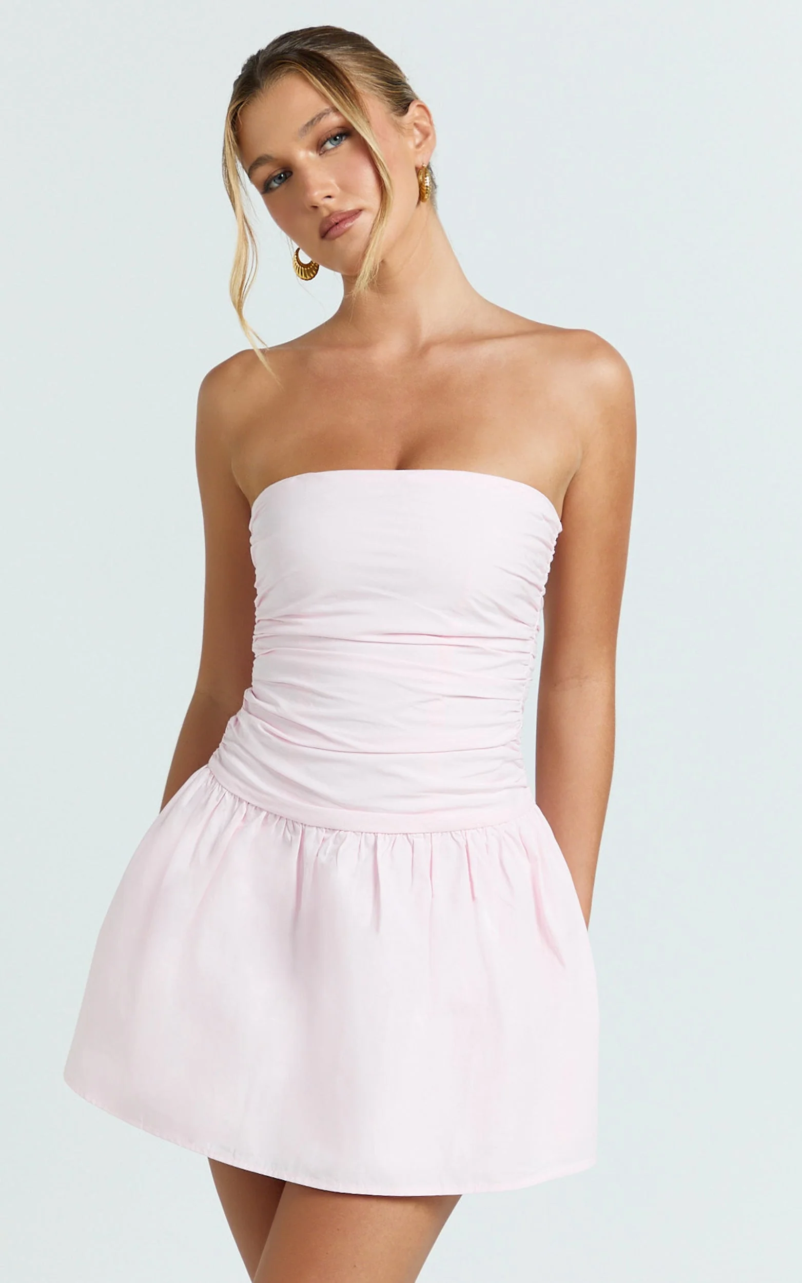 Donatella Mini Dress - Strapless Drop Waist Dress in Pink