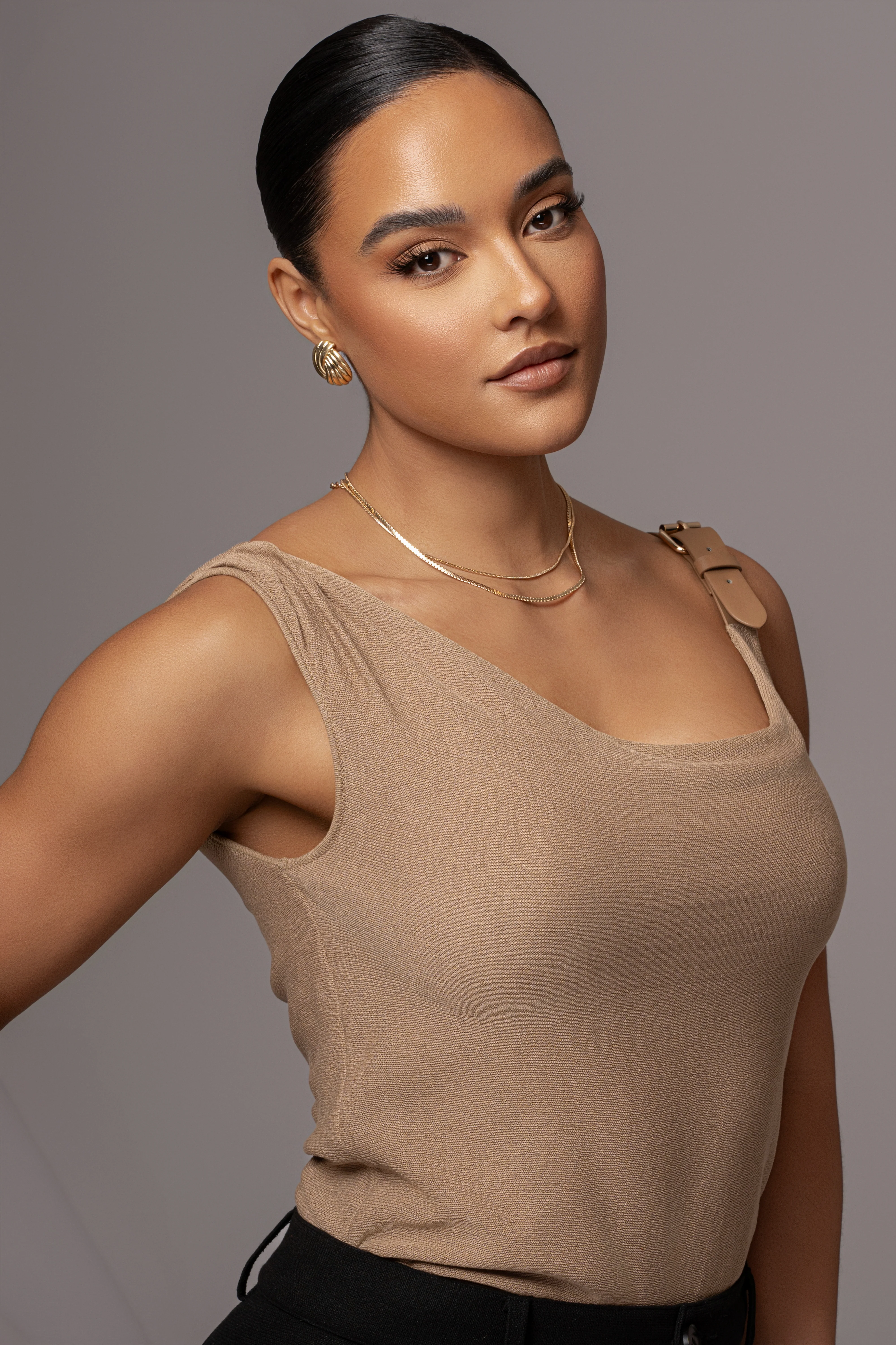 Beige Shanti Faux Buckle Top