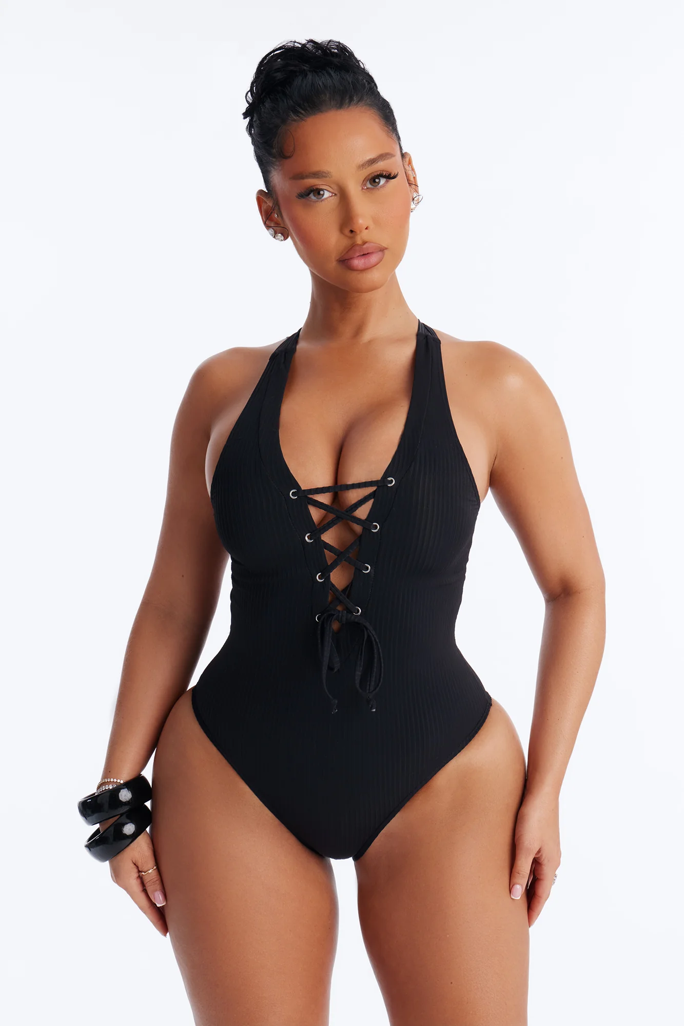 Clear Water Textured Lace Up V-Neck 1 Piece Swimsuit - Black