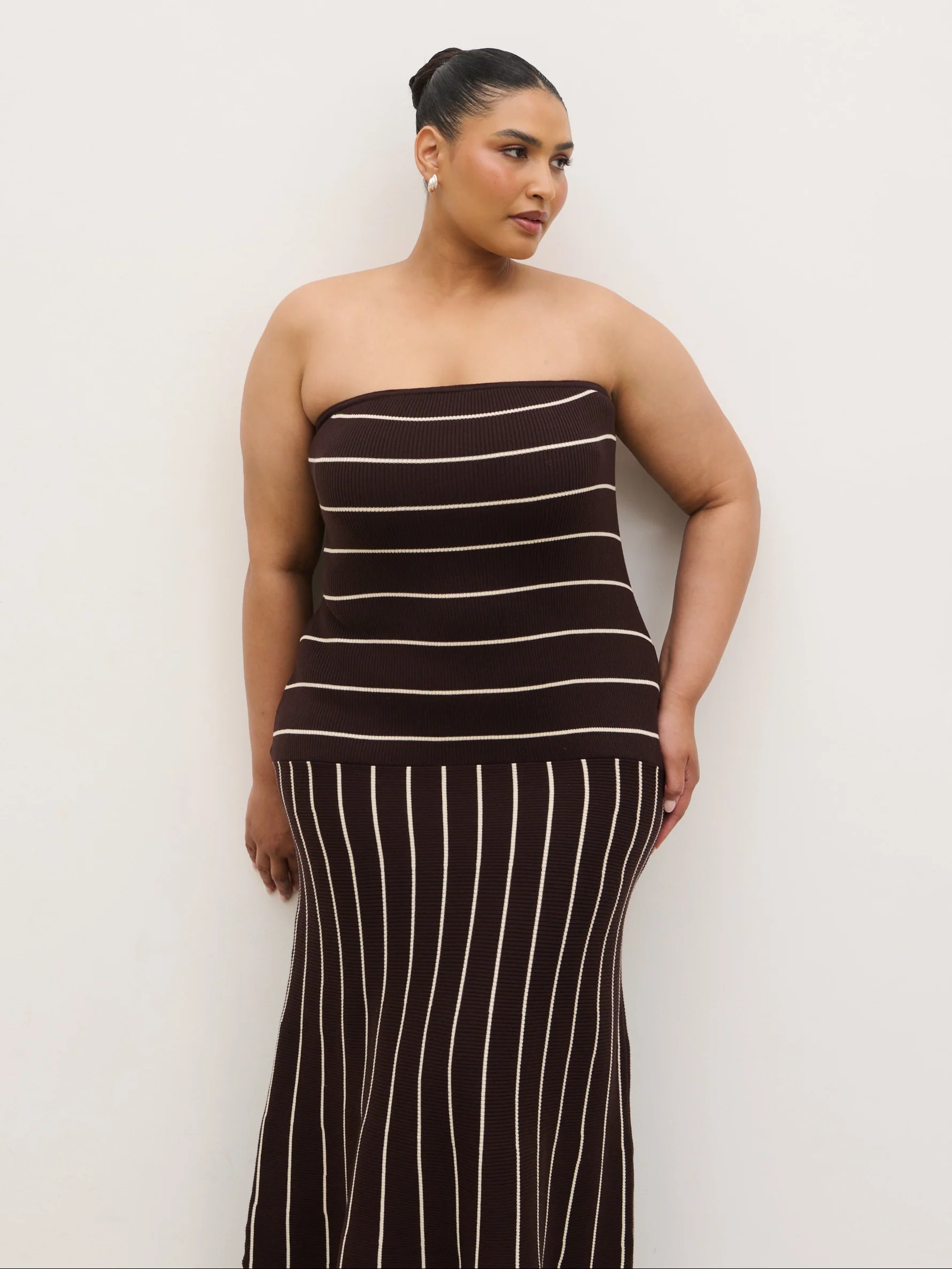 Pixie Bandeau Stripe Knit Long Midaxi Dress Curve - Brown