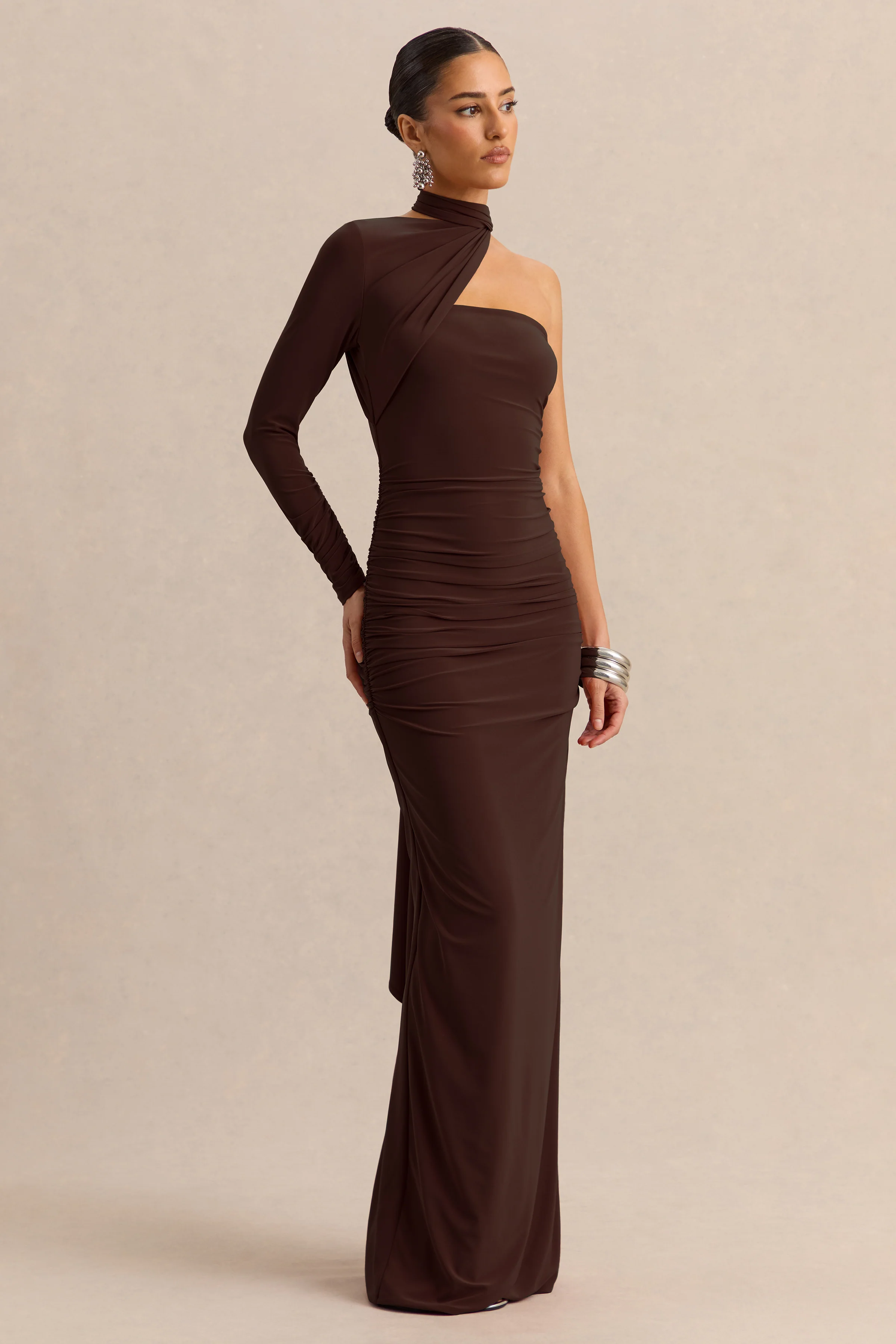 Cerisia | Brown Jersey One Sleeve Maxi Dress With Ruching and Sash