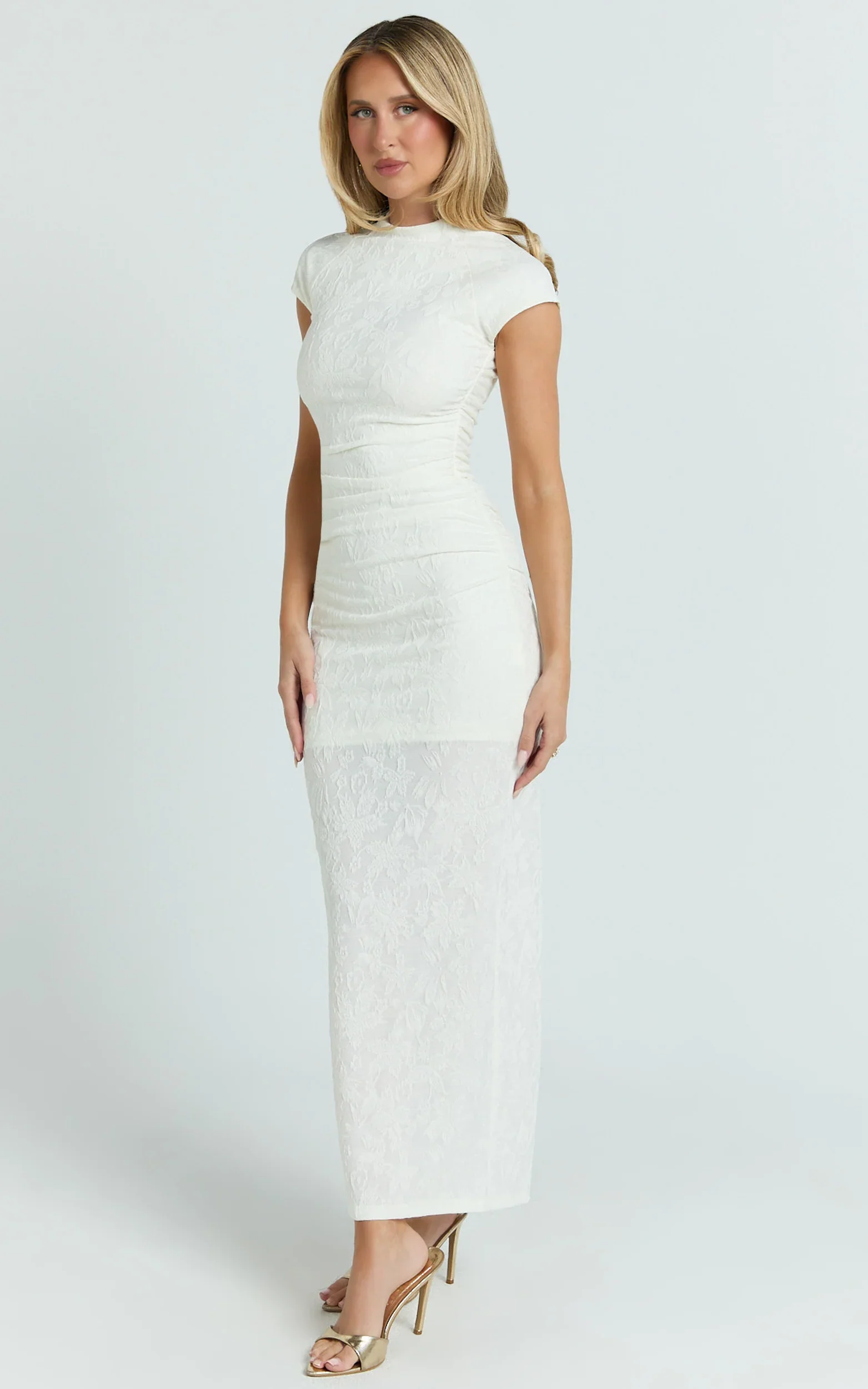 Kayrene Maxi Dress - Short Sleeve Jacquard Dress in Cream