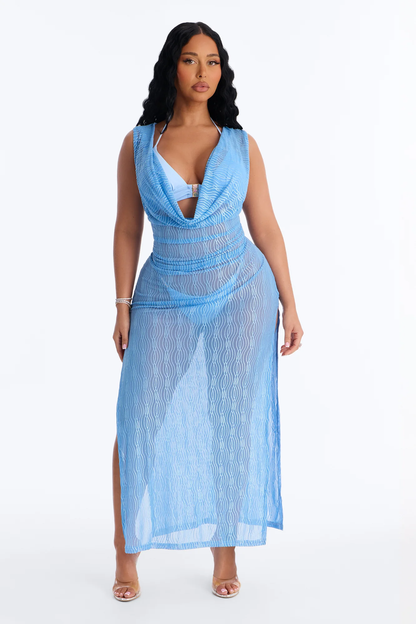 Sunshine Living Mesh Cover Up Cowl Midi Dress - Blue