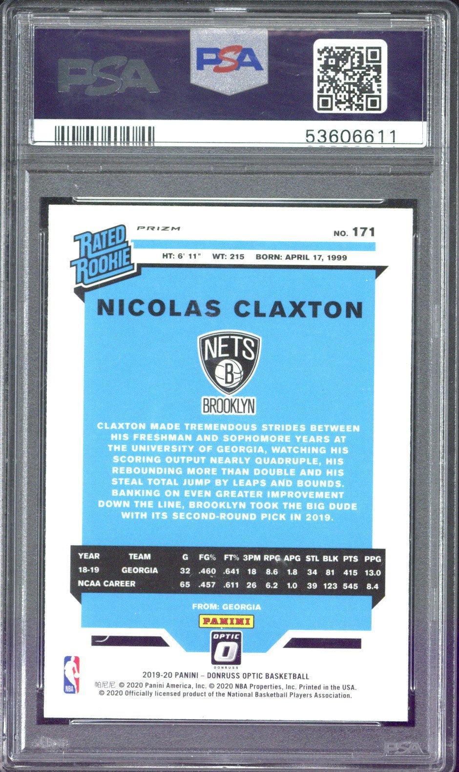 2019-20 Panini Donruss Optic Basketball Nicolas Claxton Rated Rookie #171 PSA 10