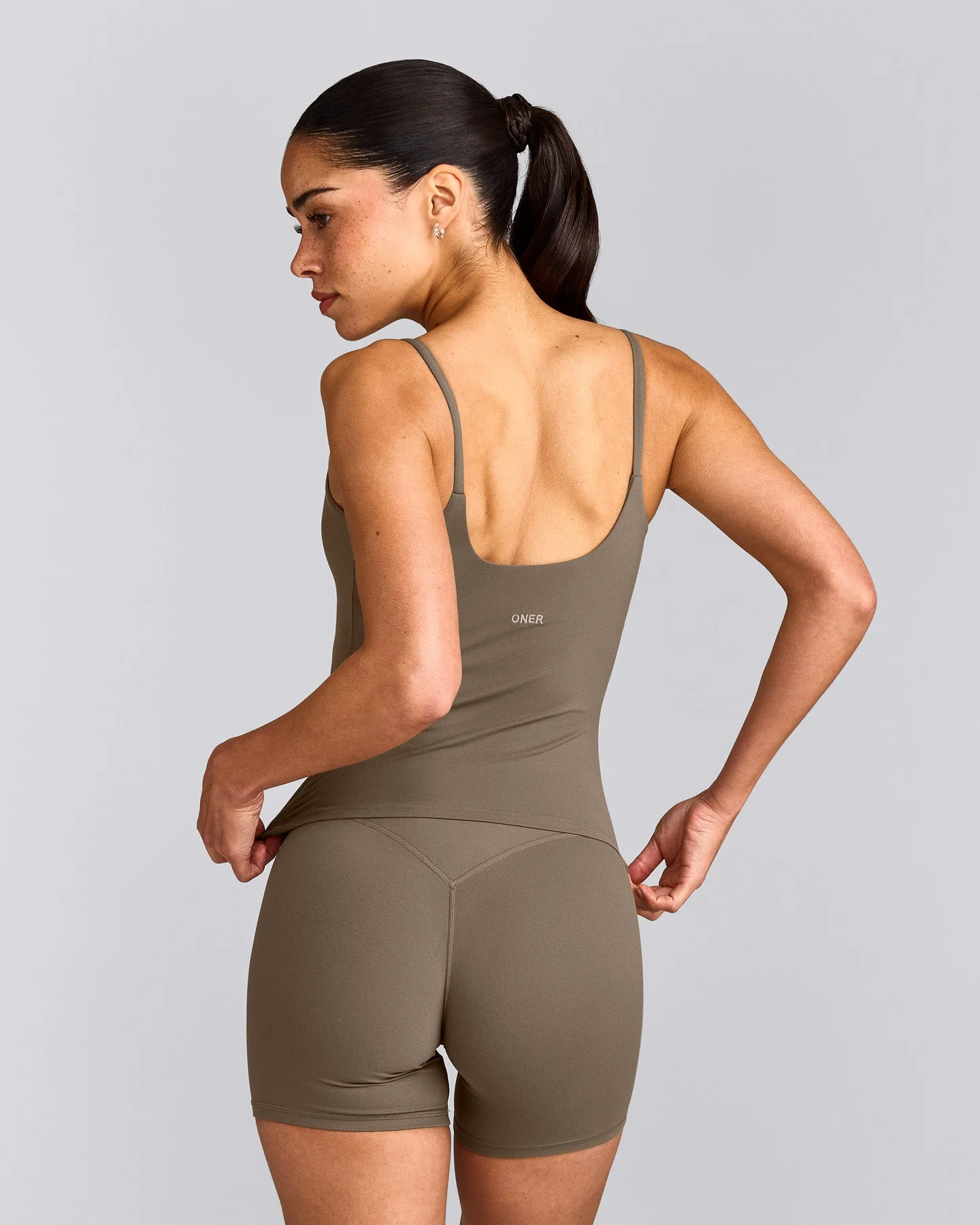 SoftMotion™ Strappy Vest with Built in Bra Shelf with Grey Logo | Moss Brown
