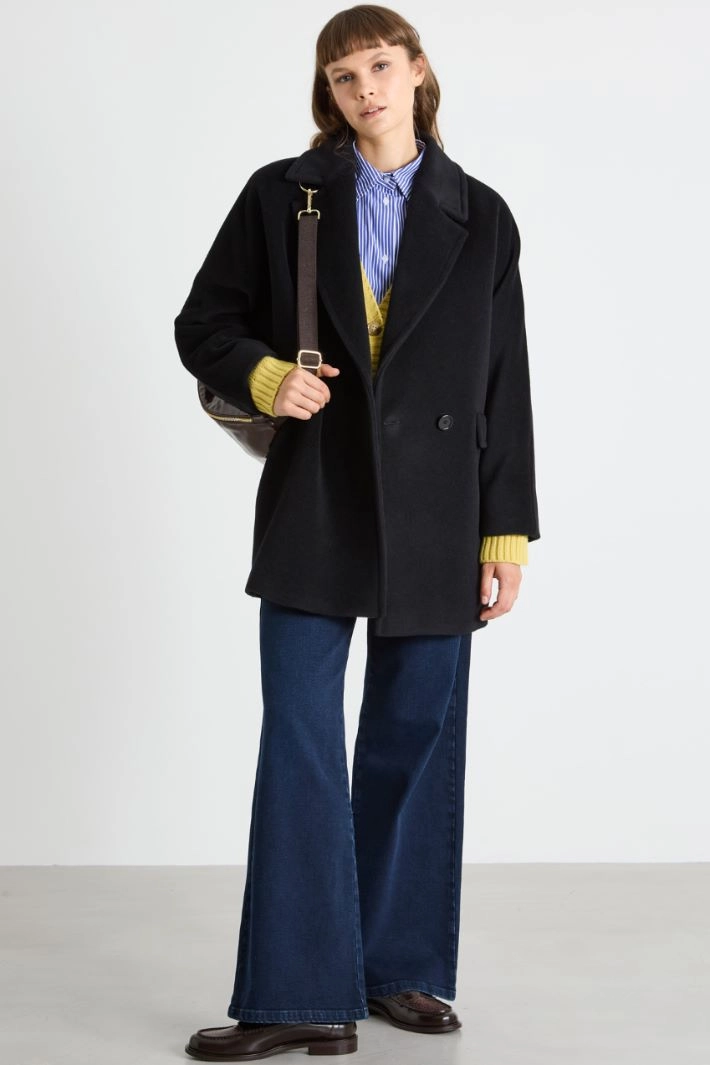 Double-breasted beaver coat - BLACK