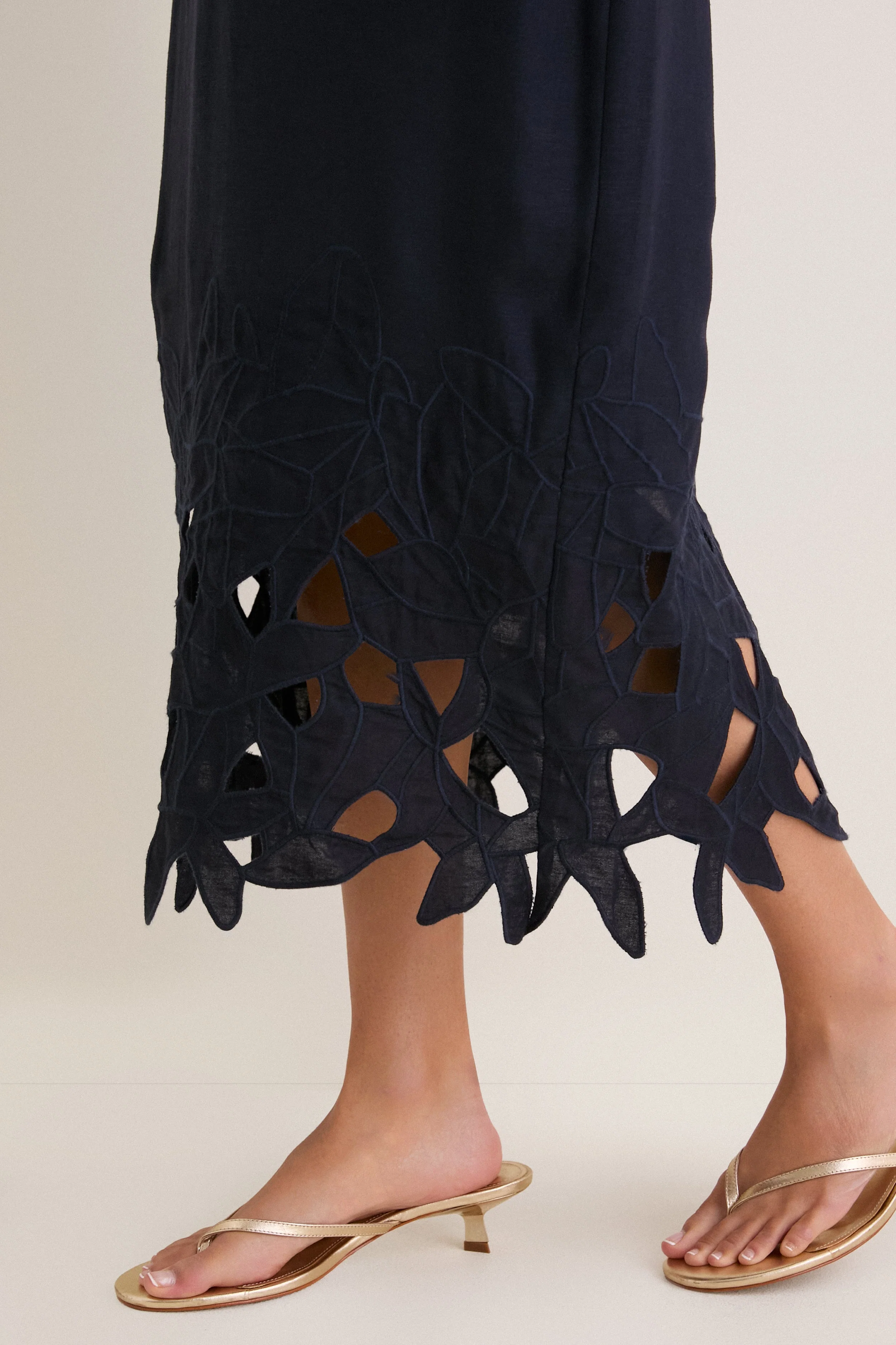Navy Embroidered Linen Alma Midi Dress