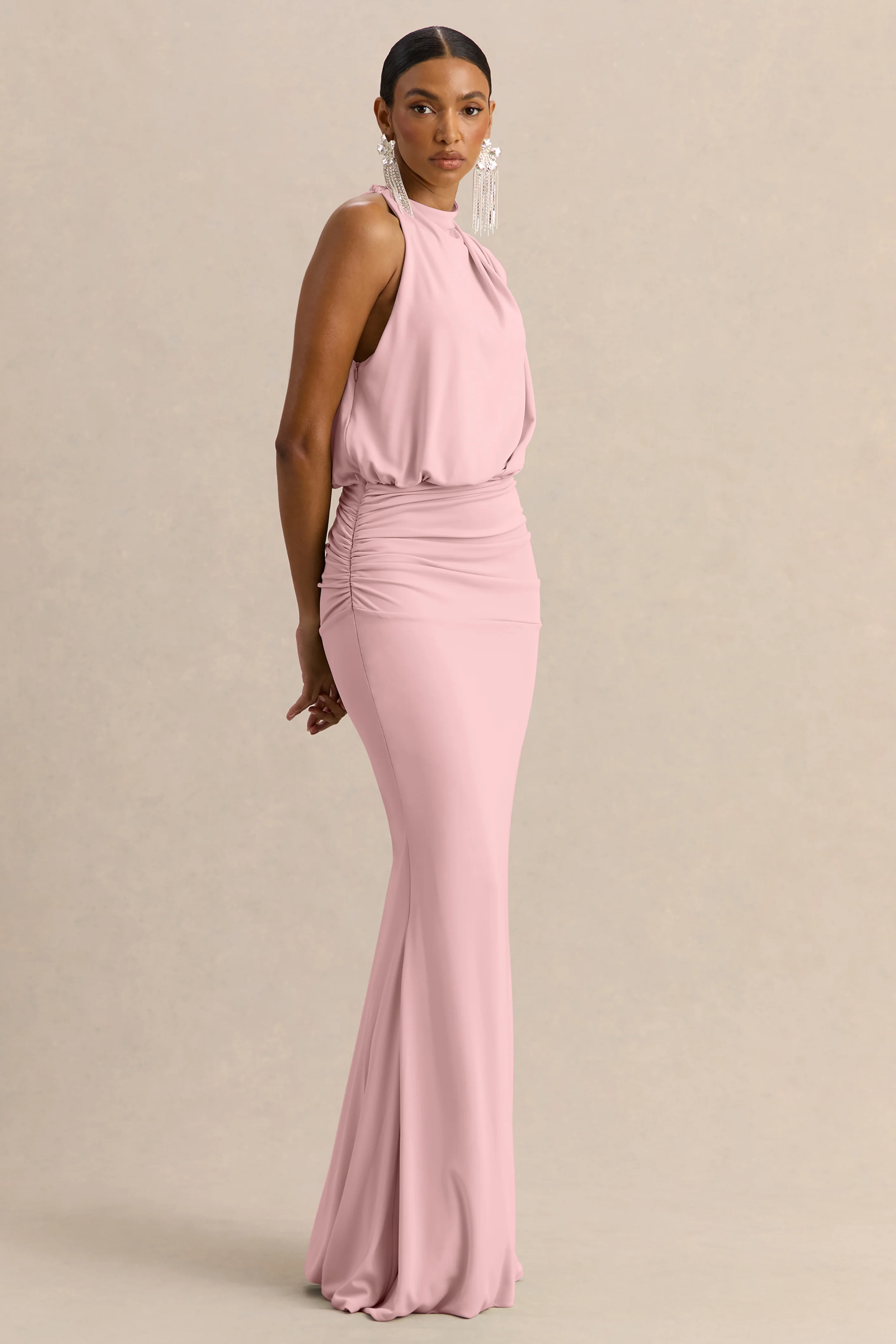 Umaira | Light Pink Ruched High Neck Maxi Dress With Draped Detailing