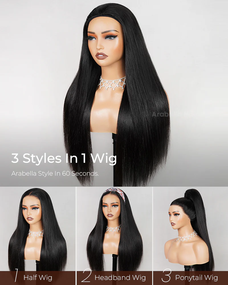 Ophirawig 3 In 1 Half Wig Glueless Silky Straight Wig Invisi Drawstring Natural Black Endless Protective Styles