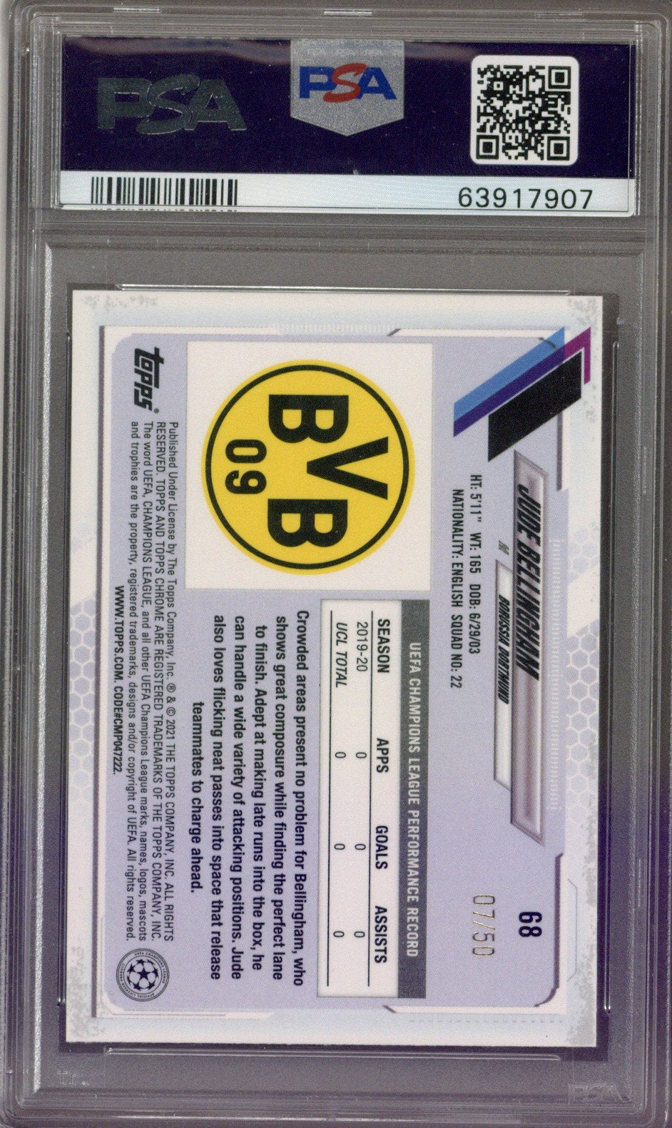 2020 Topps Chrome UCL Jude Bellingham Sapphire ED Orange PSA 9