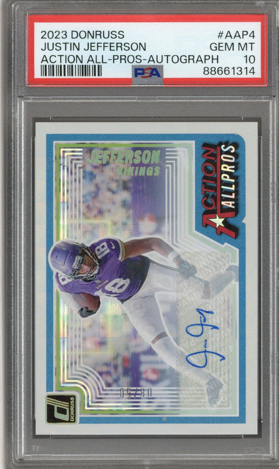 2023 Panini Donruss Justin Jefferson Action All Pros Auto /50 PSA 10