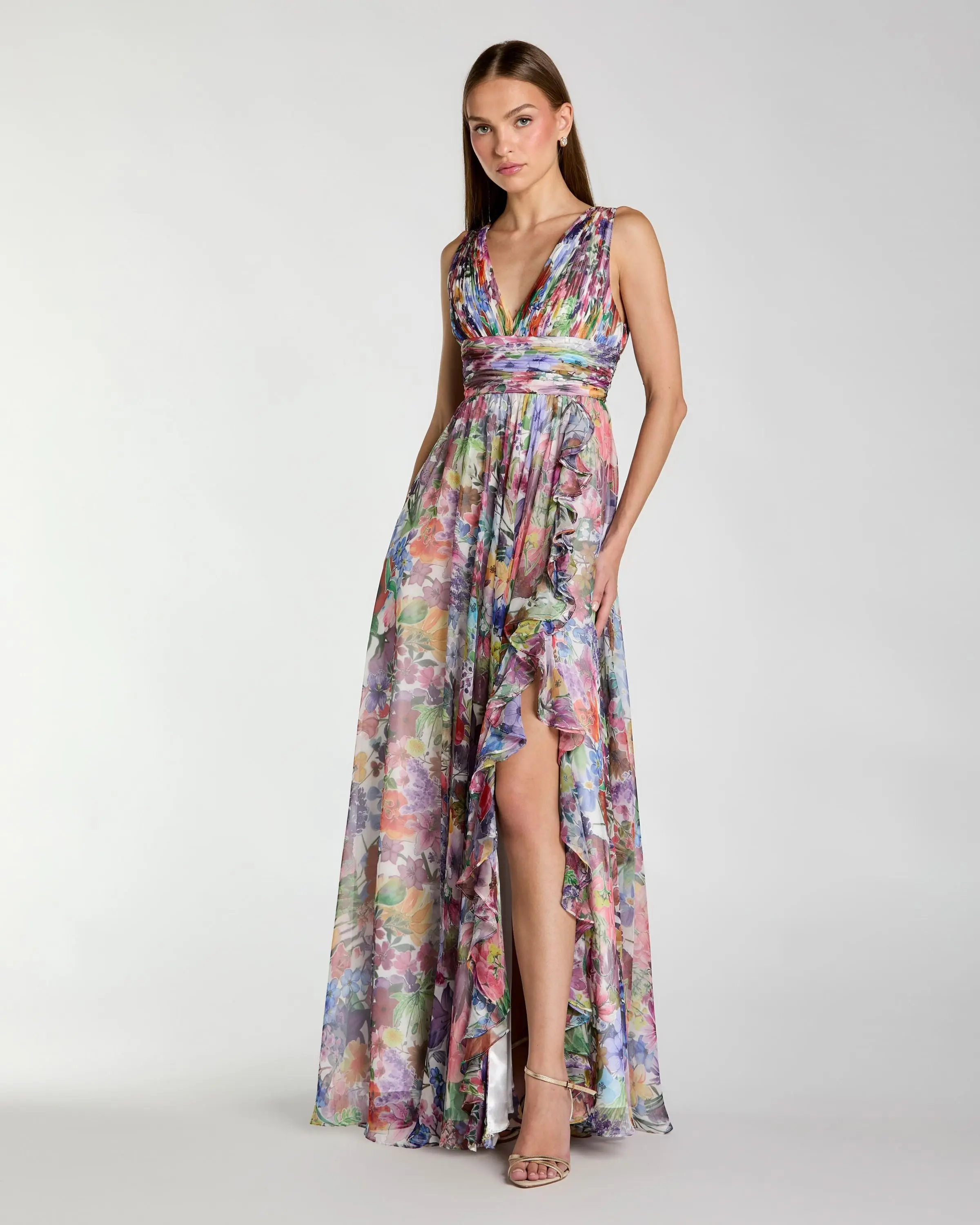 Multicolor Floral Chiffon Gown With Ruffle Slit