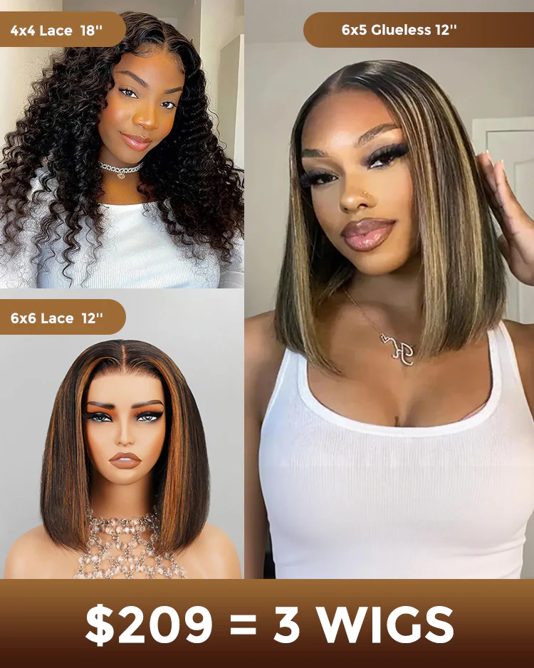 $356 = 3 WIGS | 12inch 6x6 Lace Straight Auburn Highlights On Black Hair Plus 12inch 6x5 Glueless Straight Auburn Highlights On Black Hair Plus 18inch 4x4 Lace Deep Wave Natural Black