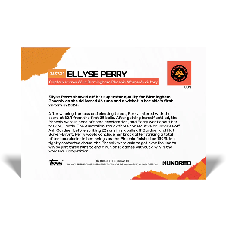Ellyse Perry - Captain scores 66 in Birmingham Phoenix Women's victory - 2024 The Hundred TOPPS NOW® Card 9 - PR:20