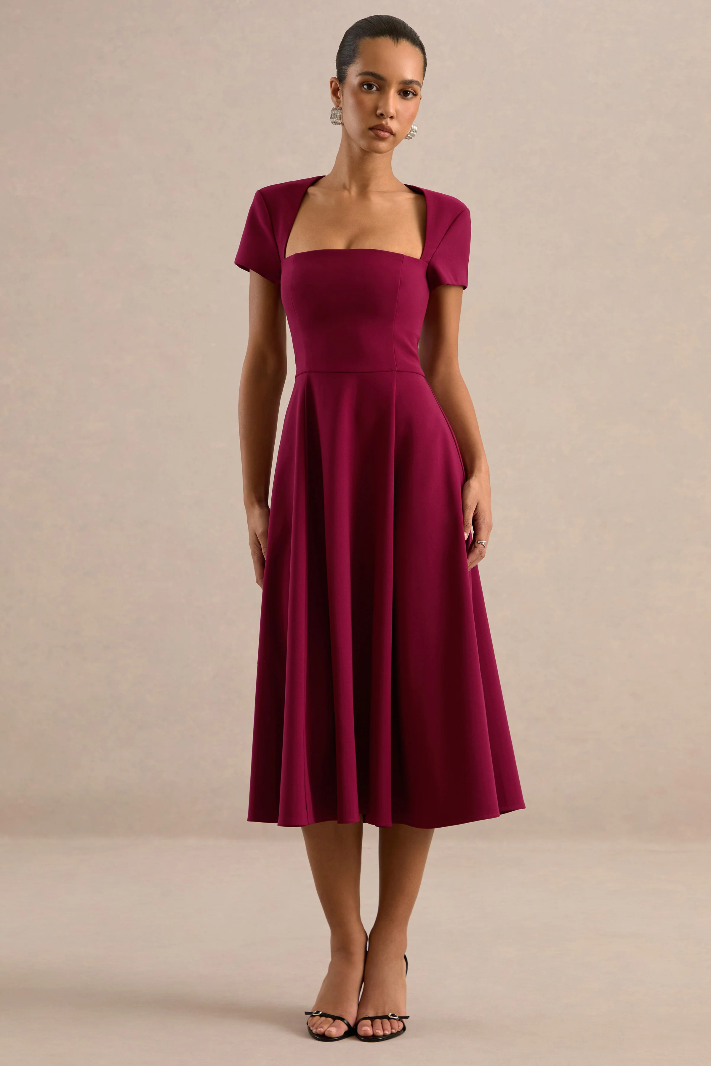 Donia | Burgundy Square Neck Short Sleeve A-Line Midi Dress