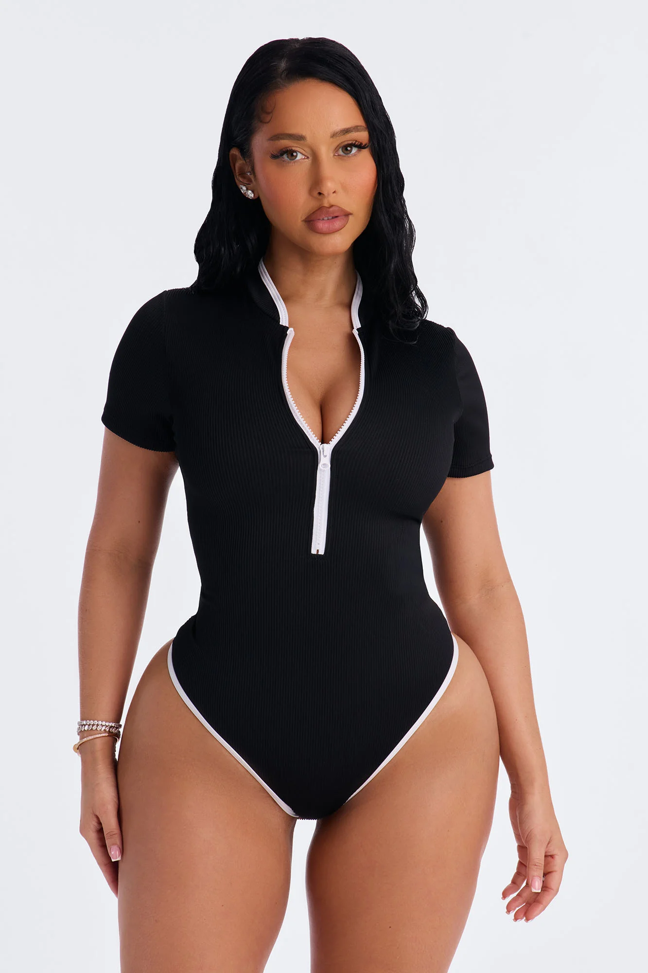 Elevated Ribbed 1 Piece Zip Up Short Sleeve Swimsuit - Black/White